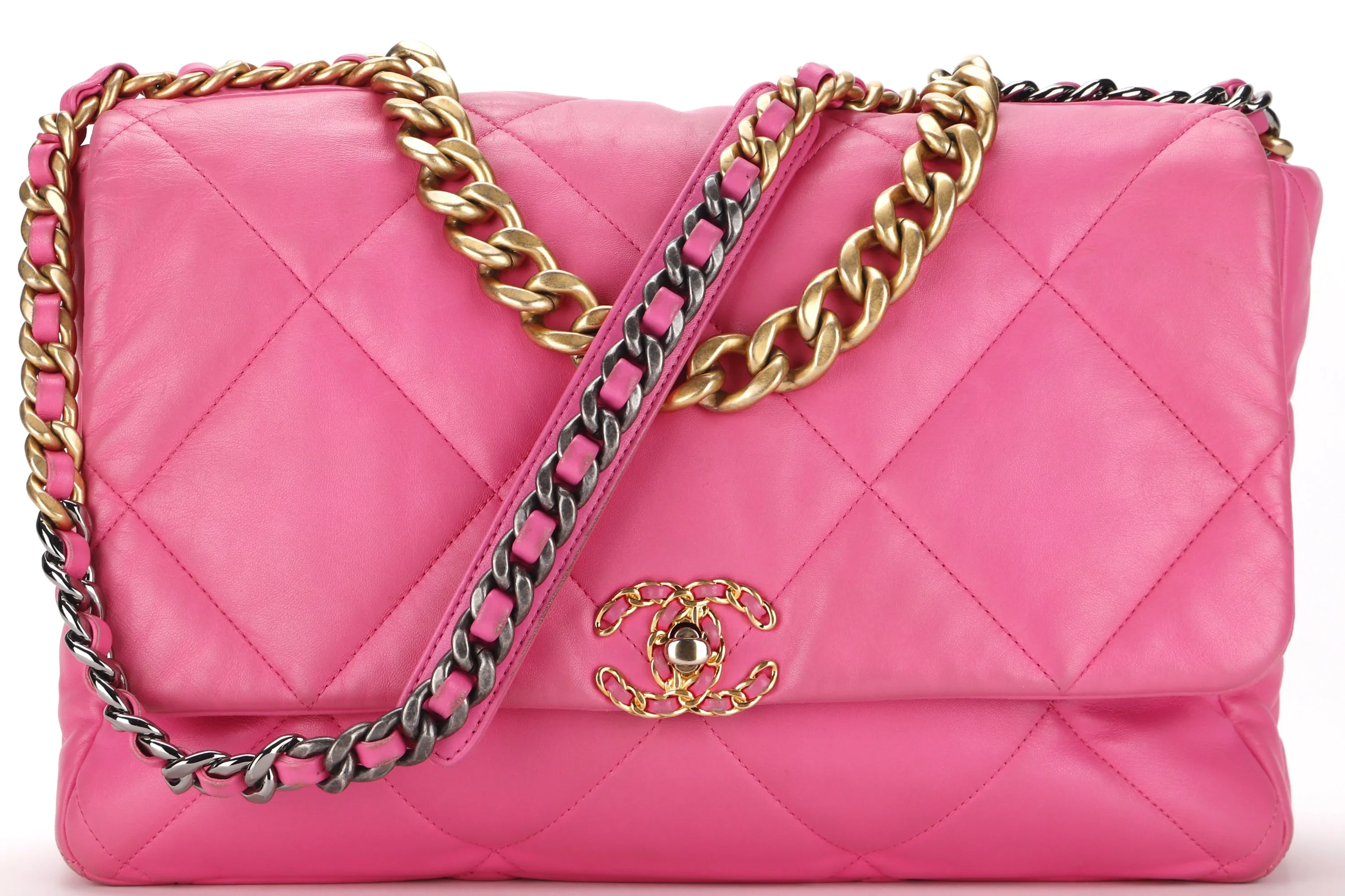 CHANEL 19 (3128xxxx) MAXI PINK LAMBSKIN MIXED HARDWARE, WITH DUST COVER & BOX, NO CARD