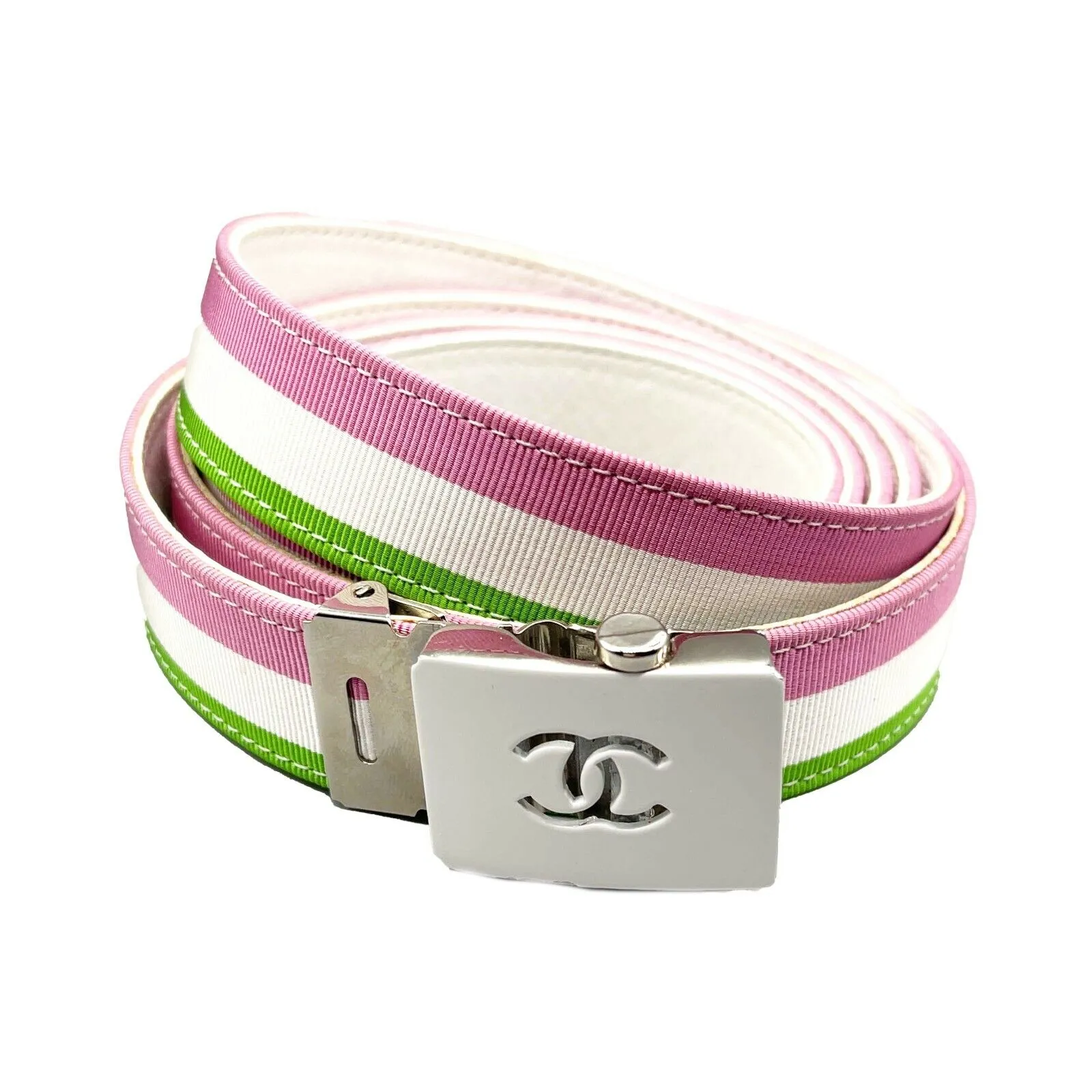 Chanel - 2004 Cruise Ivory and Grosgrain Belt - White / Pink / Green - 75/30