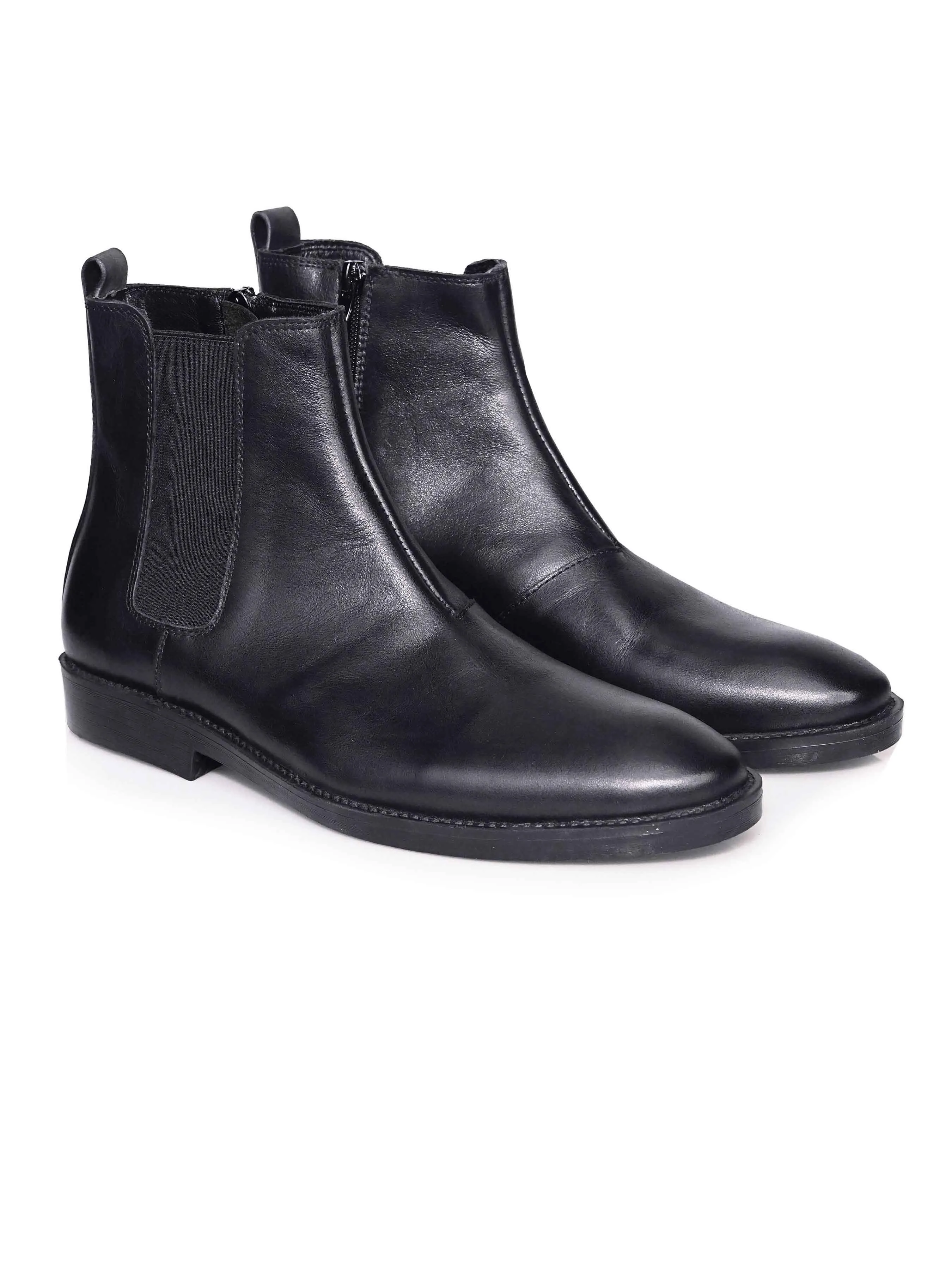 Chelsea Boots With Zipper - Solid Black Leather (Crepe Sole)