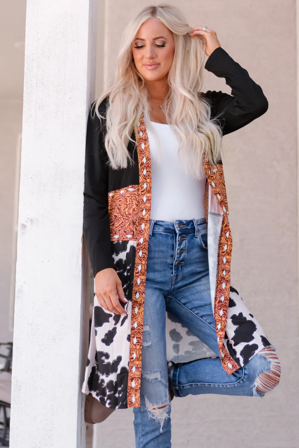 Classic Black Western Color Block Cardigan