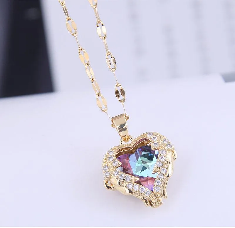 Colorful Crystal Heart Shaped Necklace Covered With Angel Wings