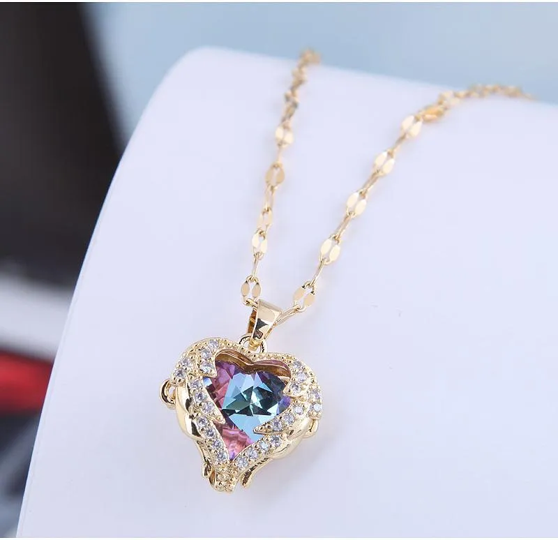 Colorful Crystal Heart Shaped Necklace Covered With Angel Wings