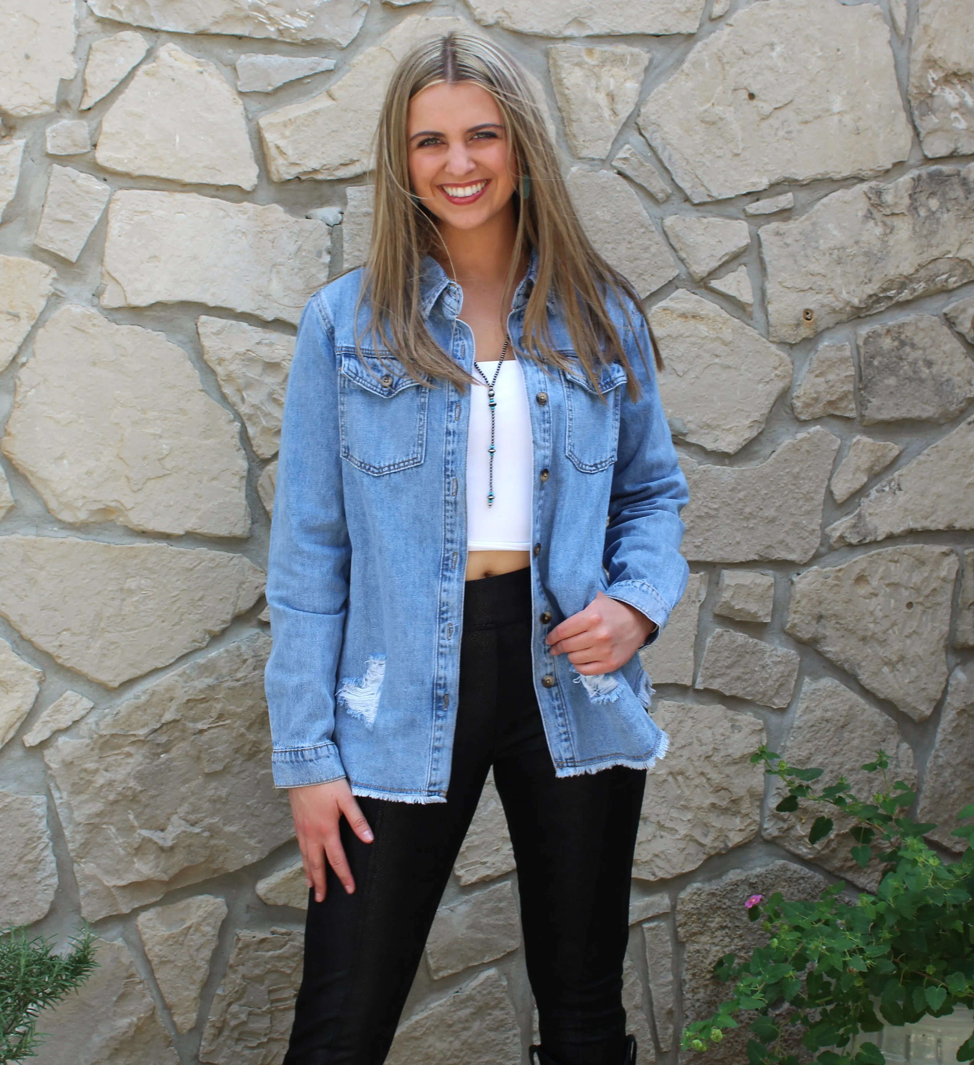 Denim Distressed Shirt Jacket