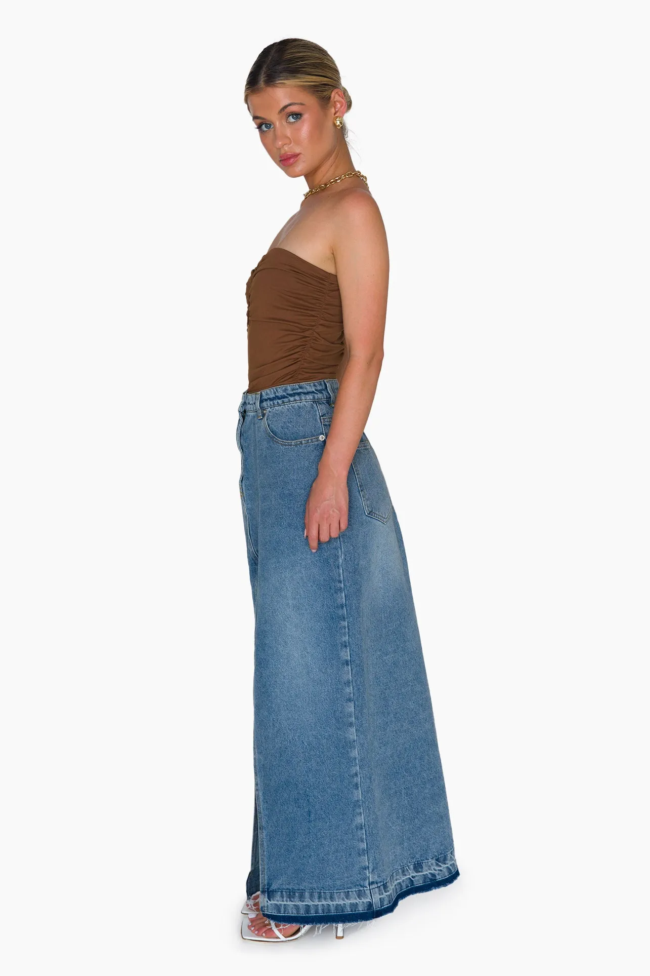 Denim Slit Front Maxi Skirt