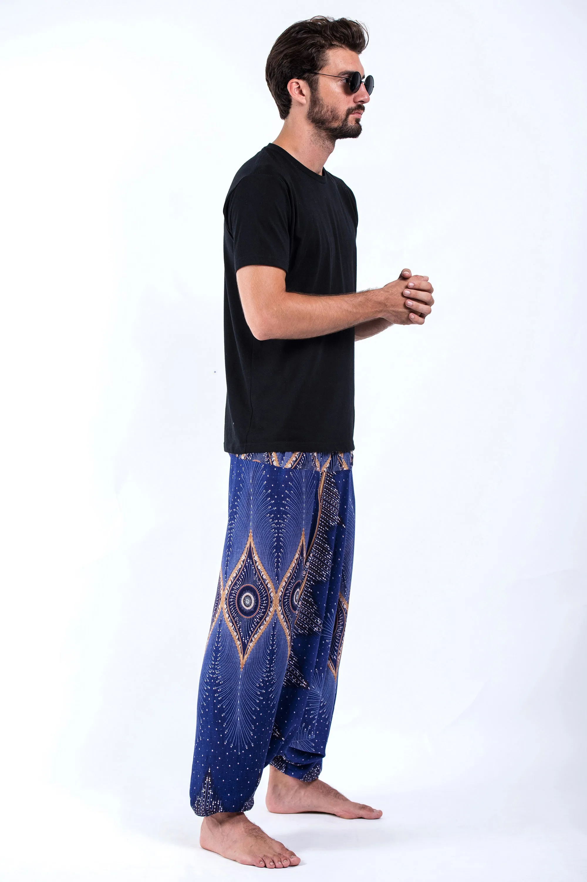 Diamond Peacock Drop Crotch Men's Harem Pants in Blue