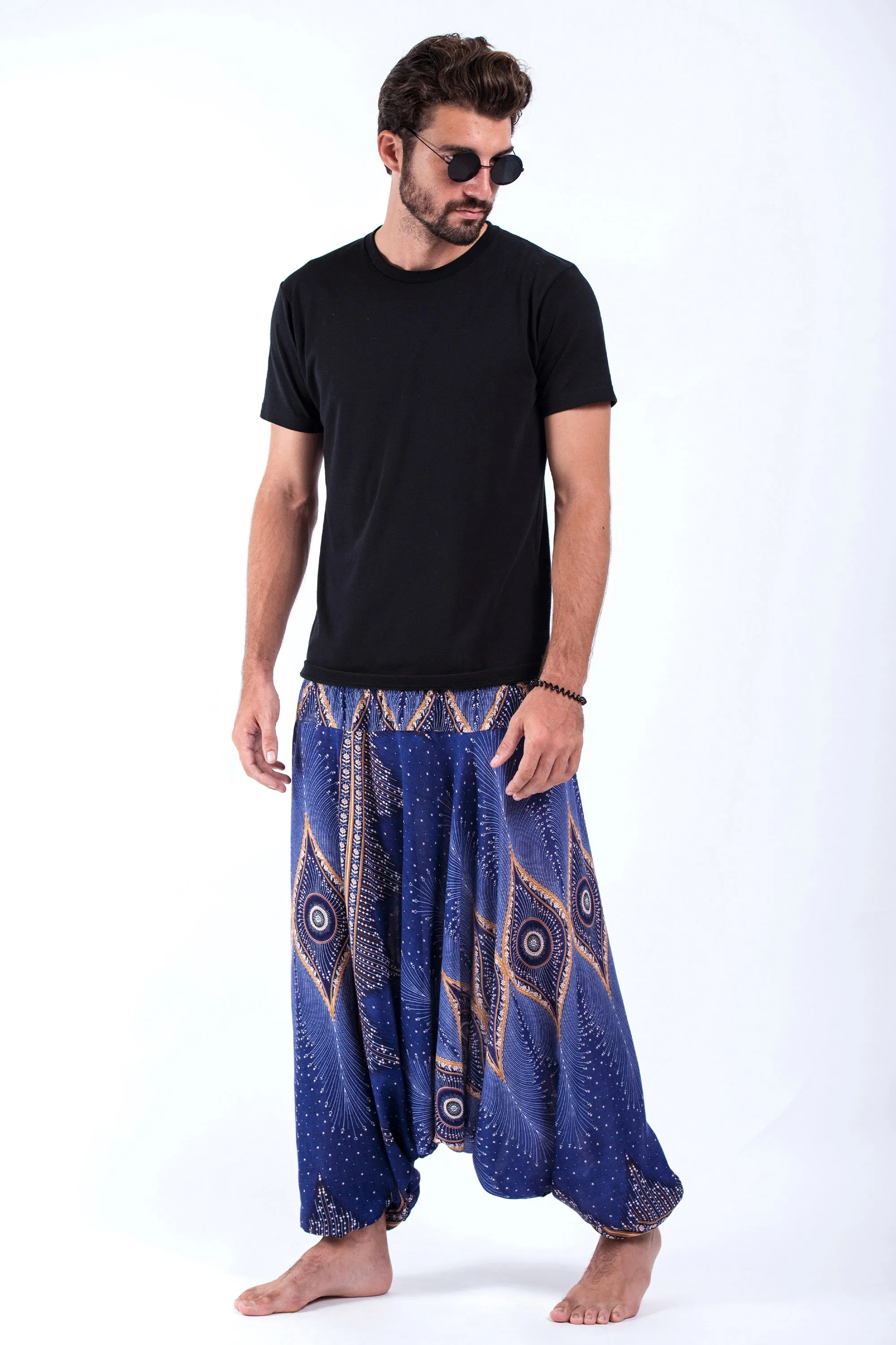 Diamond Peacock Drop Crotch Men's Harem Pants in Blue