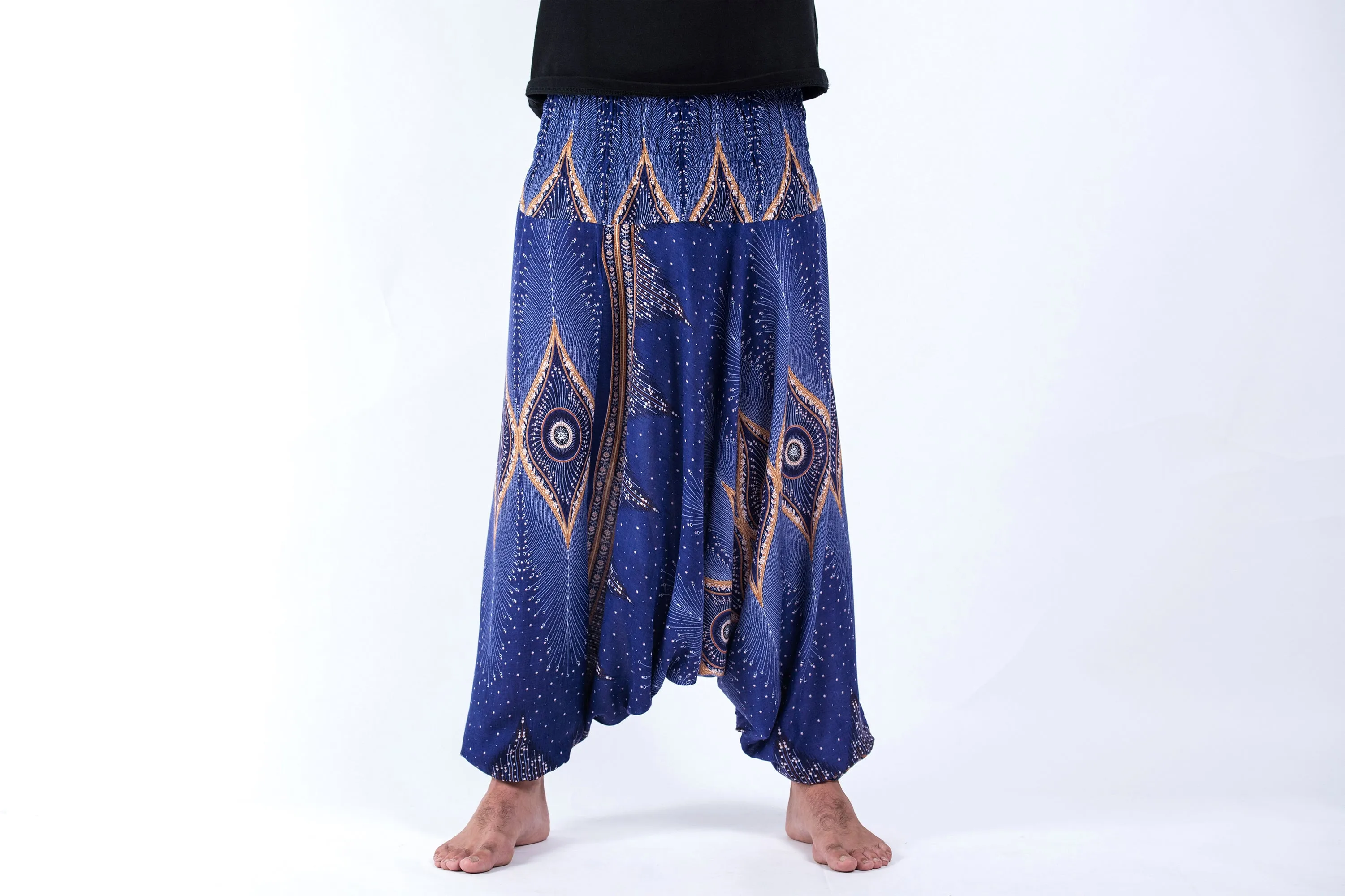 Diamond Peacock Drop Crotch Men's Harem Pants in Blue