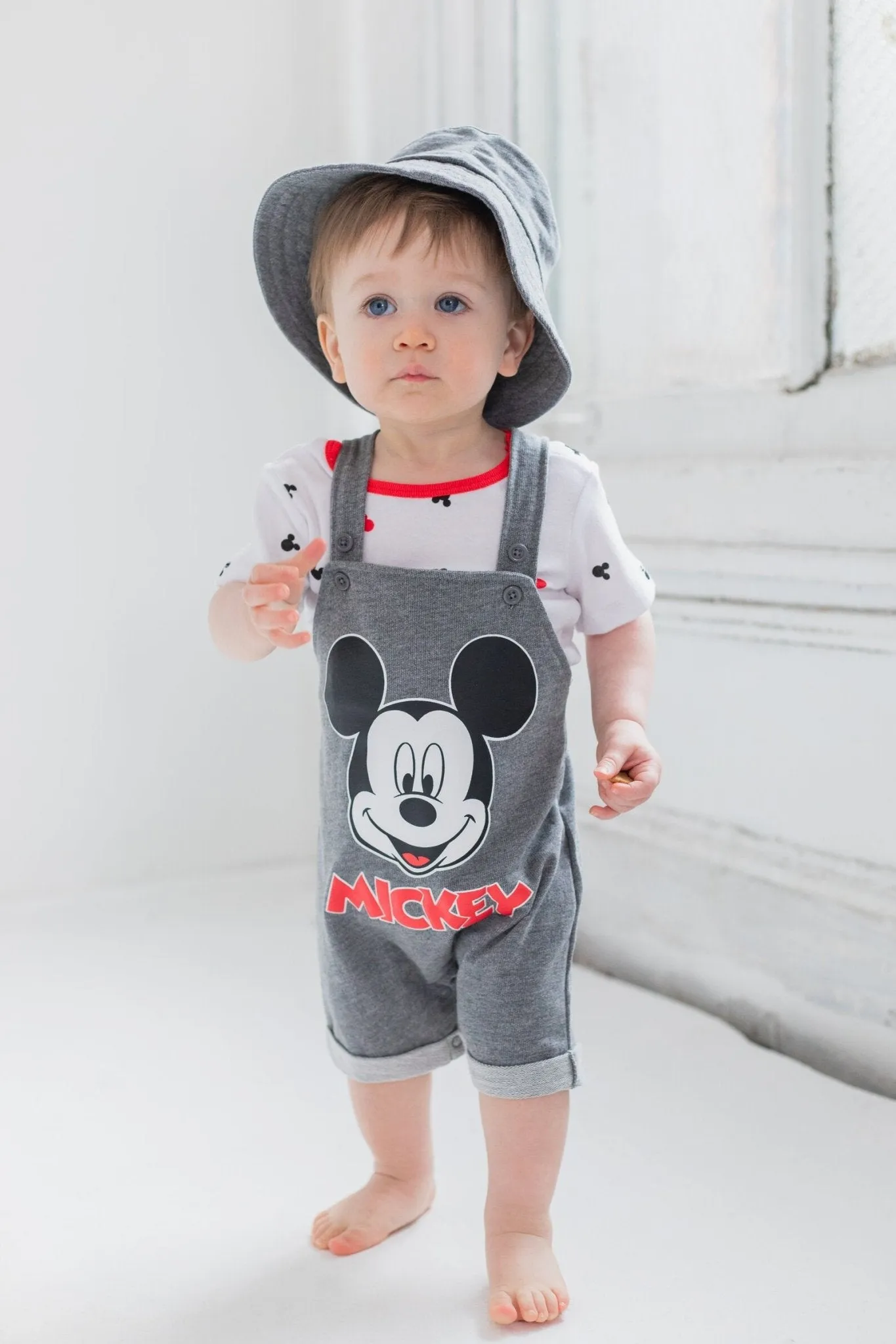 Disney Mickey Mouse French Terry Short Overalls T-Shirt and Hat 3 Piece Outfit Set