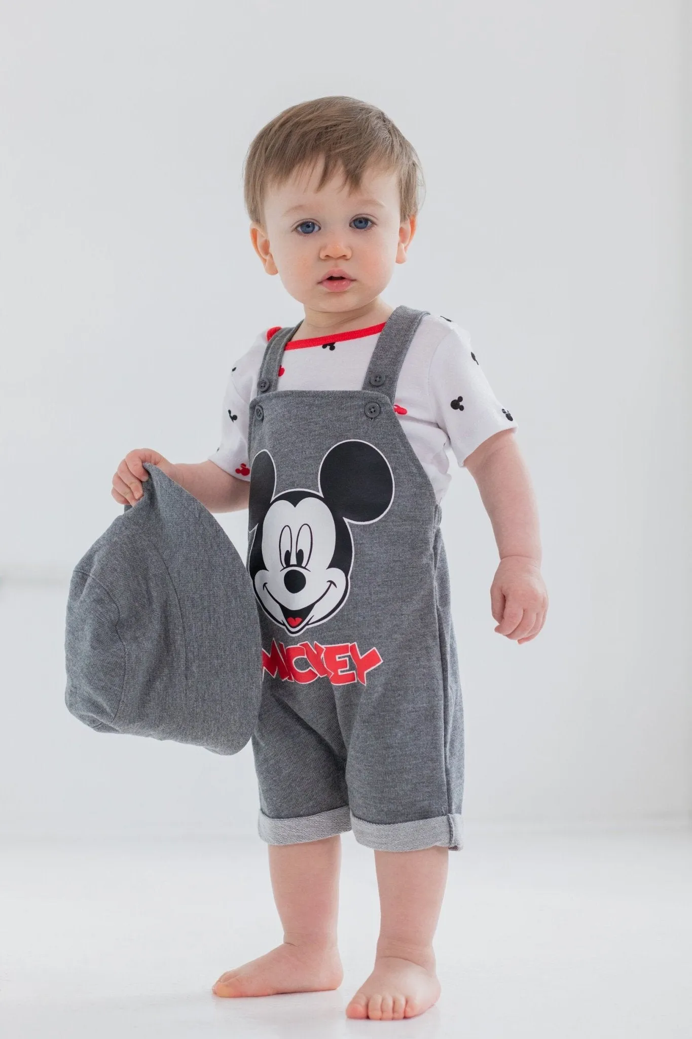 Disney Mickey Mouse French Terry Short Overalls T-Shirt and Hat 3 Piece Outfit Set