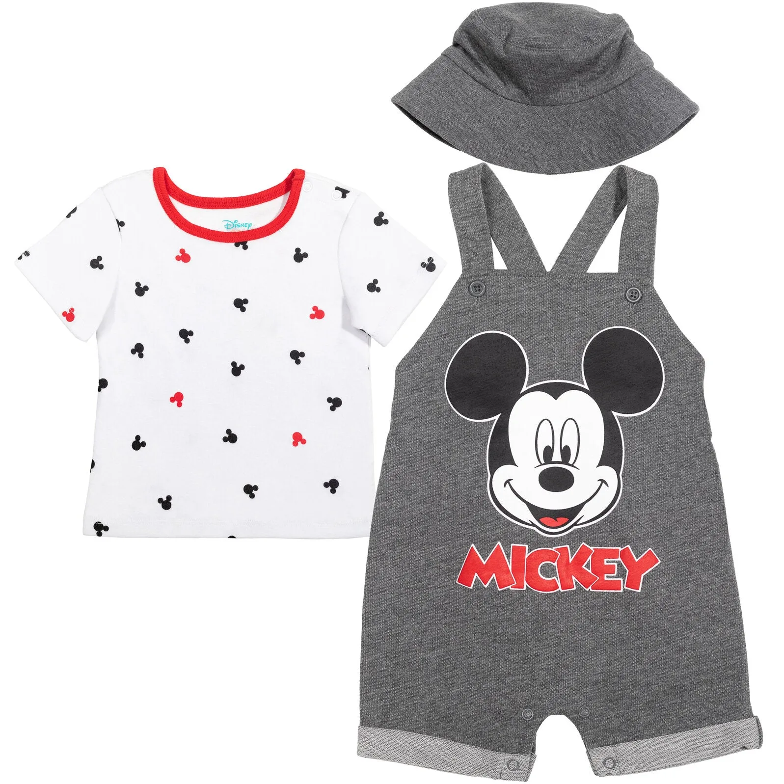 Disney Mickey Mouse French Terry Short Overalls T-Shirt and Hat 3 Piece Outfit Set