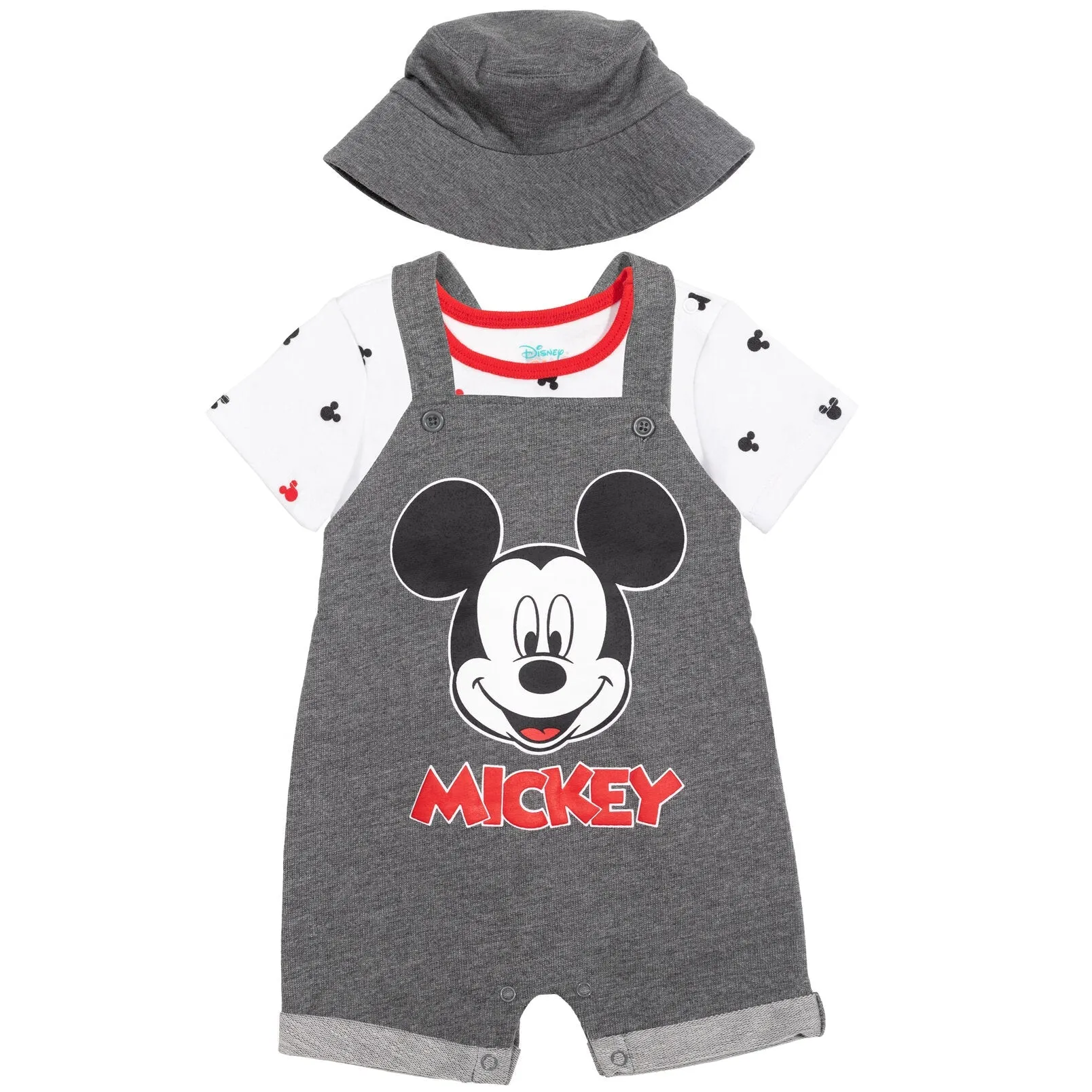 Disney Mickey Mouse French Terry Short Overalls T-Shirt and Hat 3 Piece Outfit Set