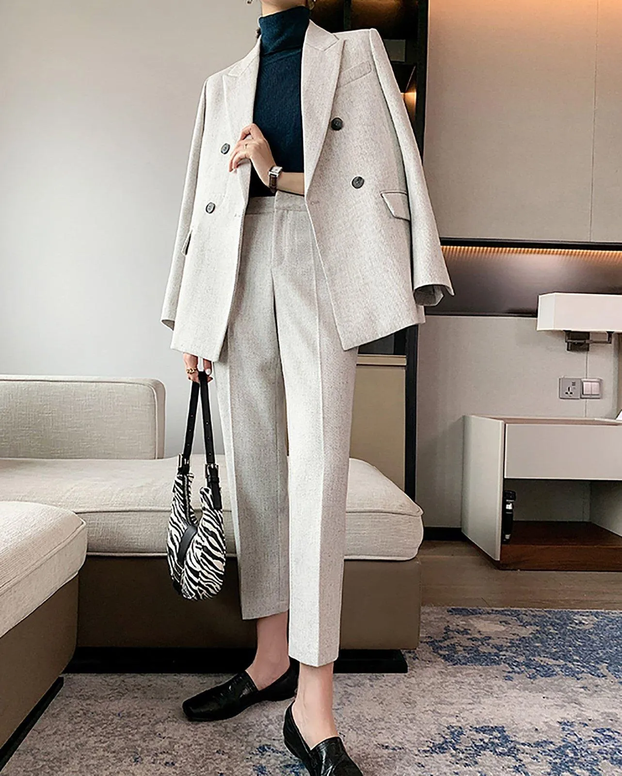 Double Breasted Blazer & Crop Pants Suit Set