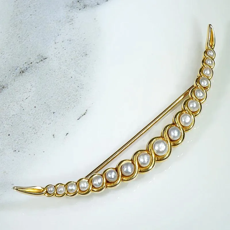 Dreamy Crescent Moon Brooch in Gold & Pearls