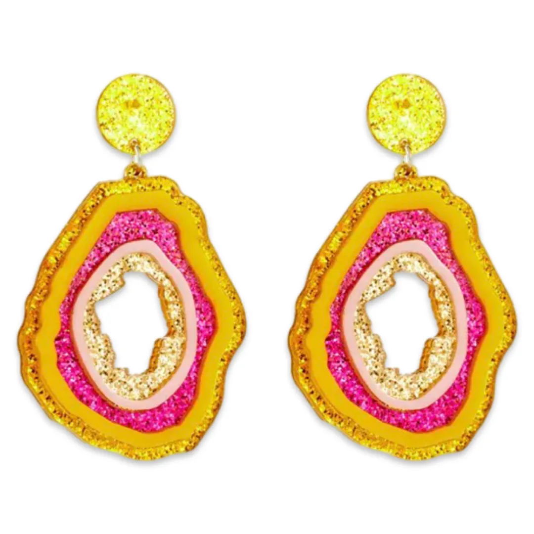 Earrings - Pink & Yellow Glitter Geode drops