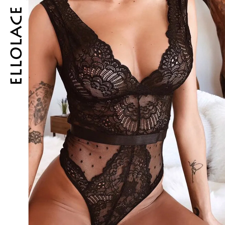 Ellolace Summer Lace Bodysuit Women Floral Embroidery Deep V Neck Sexy Bodysuit Dot Patchwork Jumpsuit Overalls 2019 Femlae Body