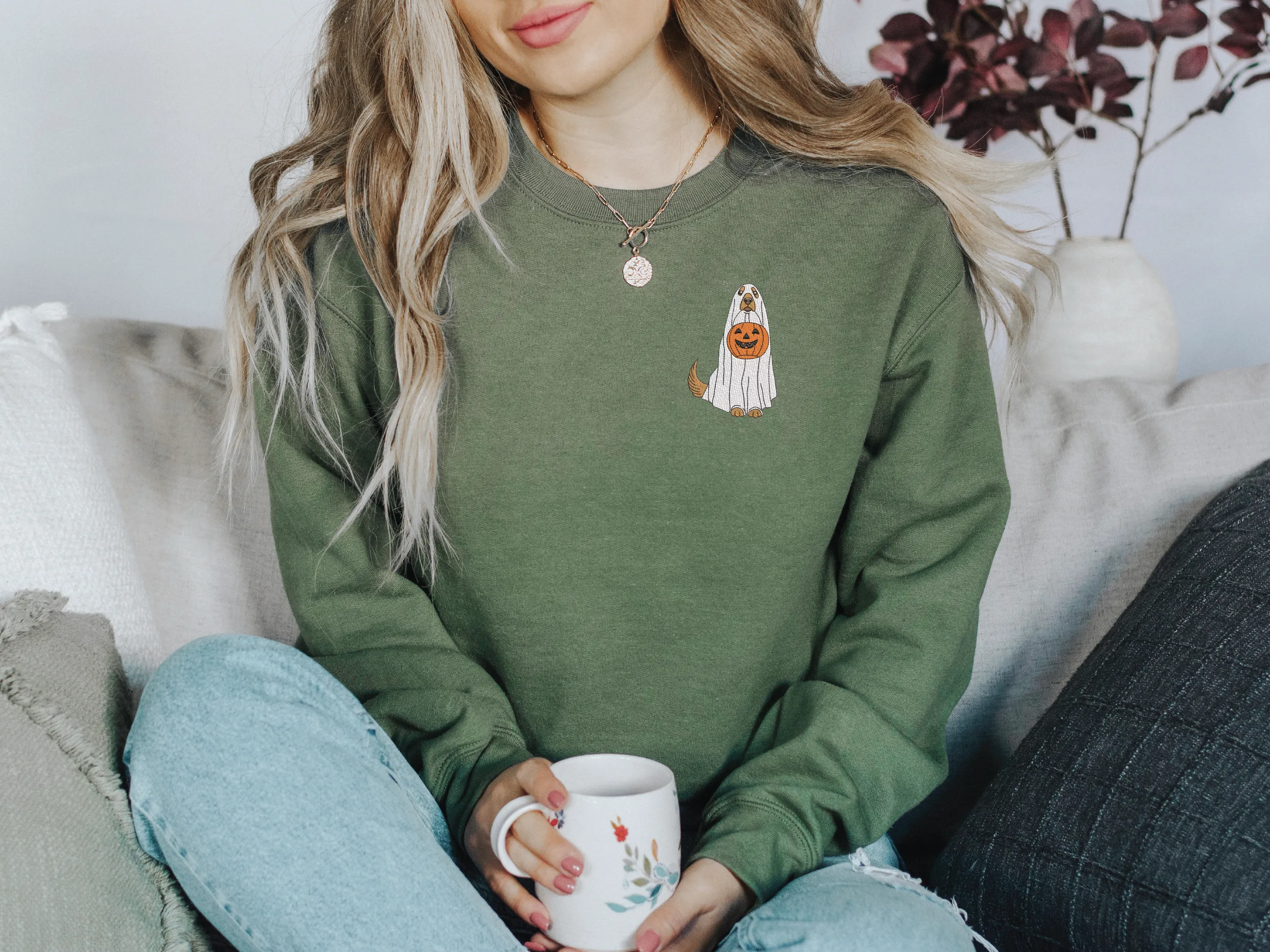 Embroidered Ghost Dog Classic Crew Neck Sweater