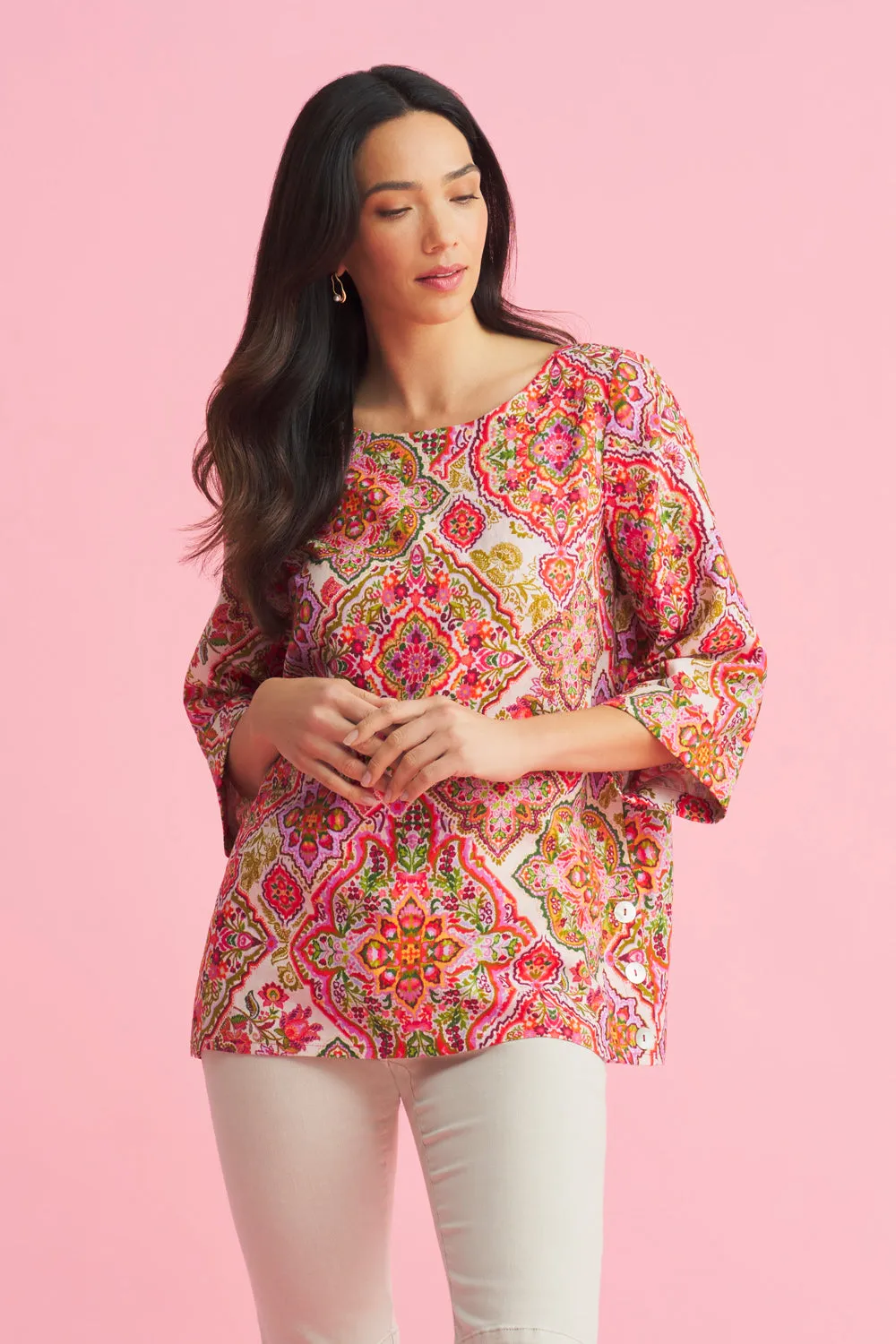 French Linen Button Detail Top - Pink Tile Print