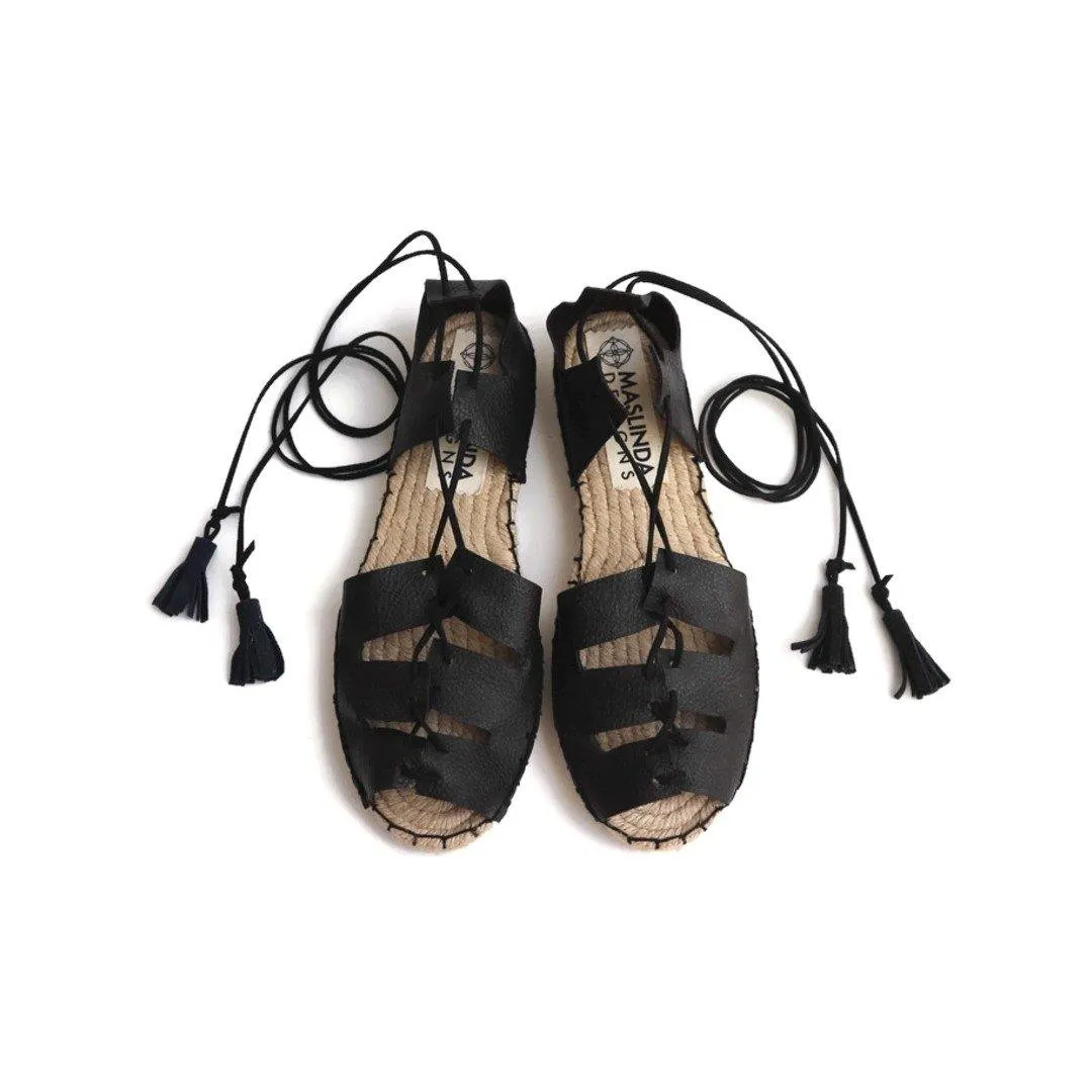 Gladiator Espadrilles-- Black Leather - Classic Sole