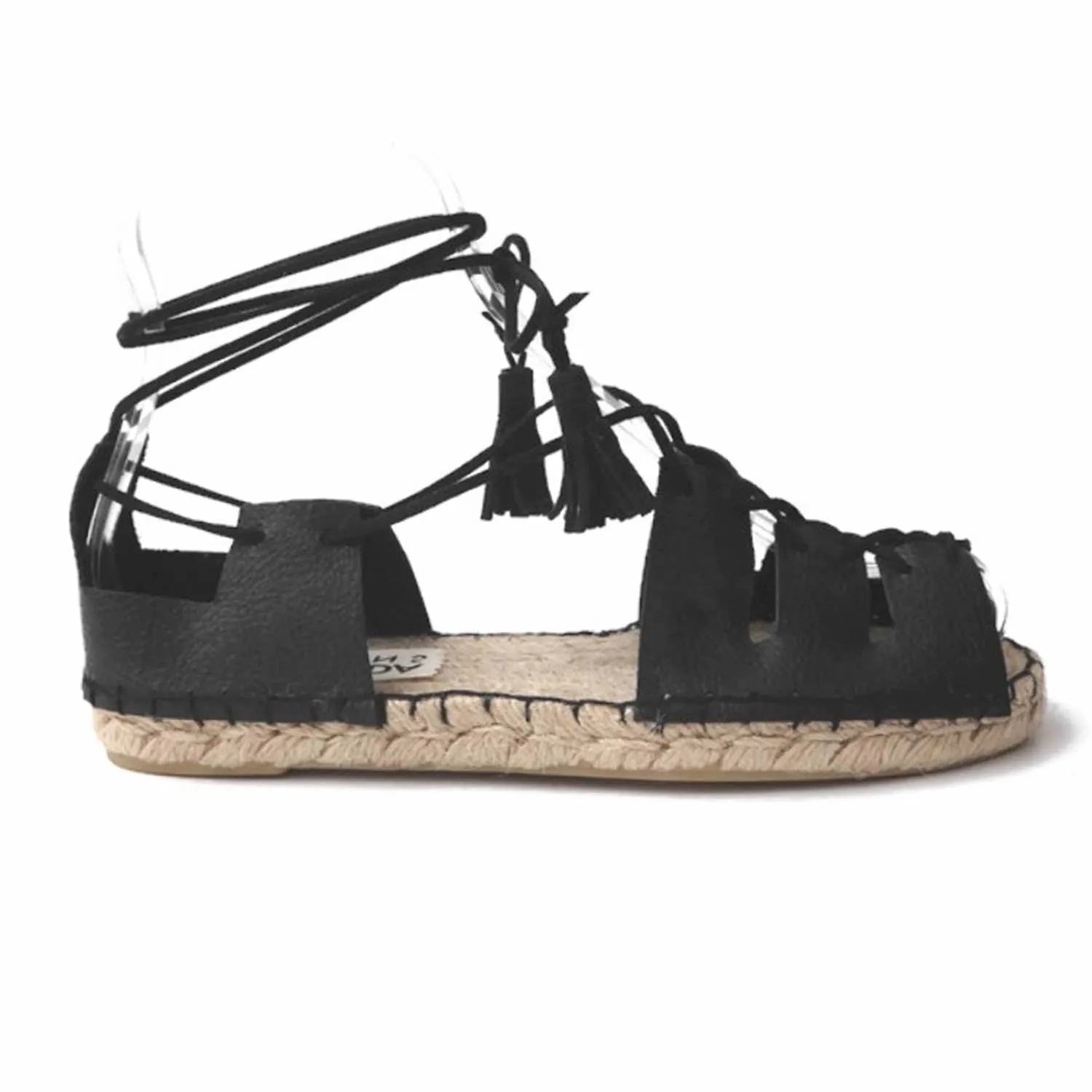 Gladiator Espadrilles-- Black Leather - Classic Sole