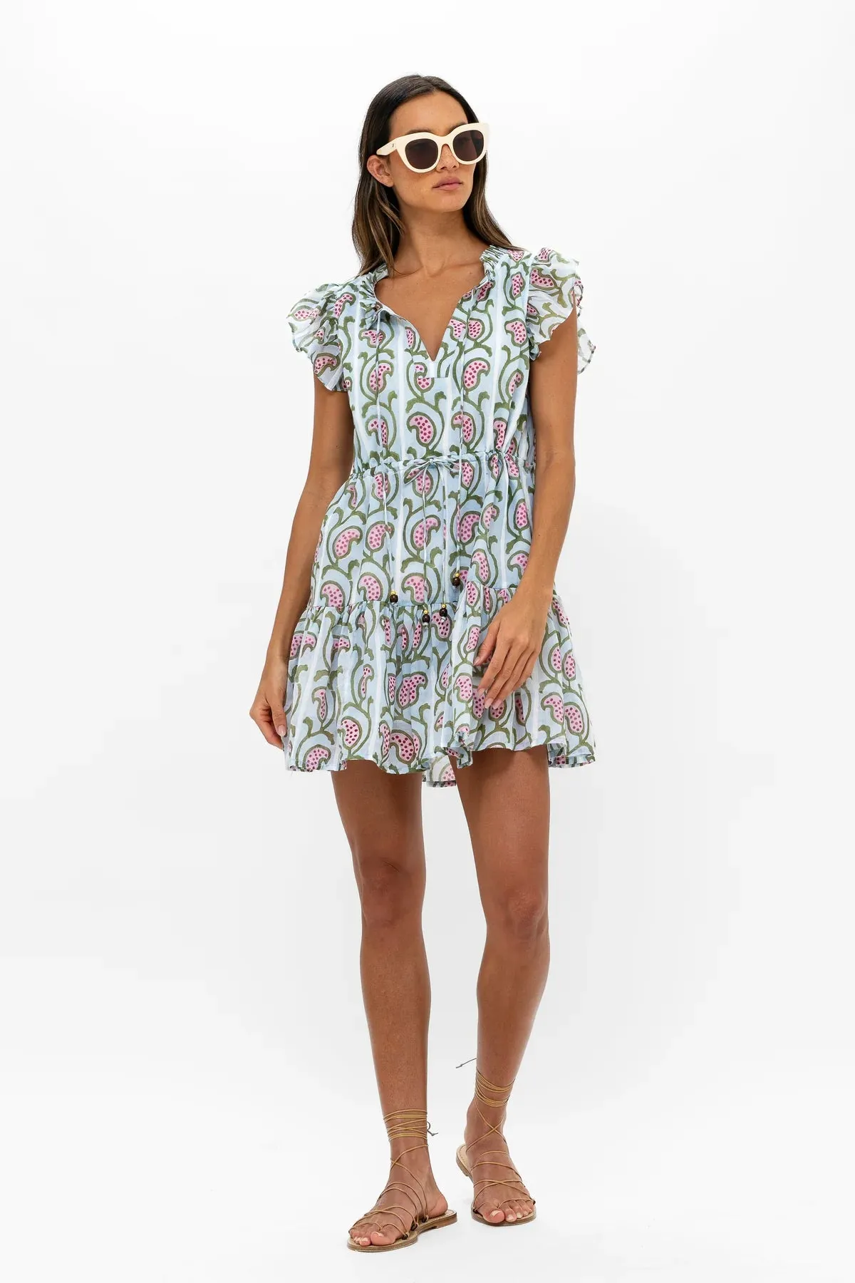 Goa Green Cinched Flirty Short Sleeve Mini Dress