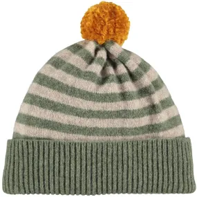 Green & Oatmeal Stripe Hat With Apricot PomPom