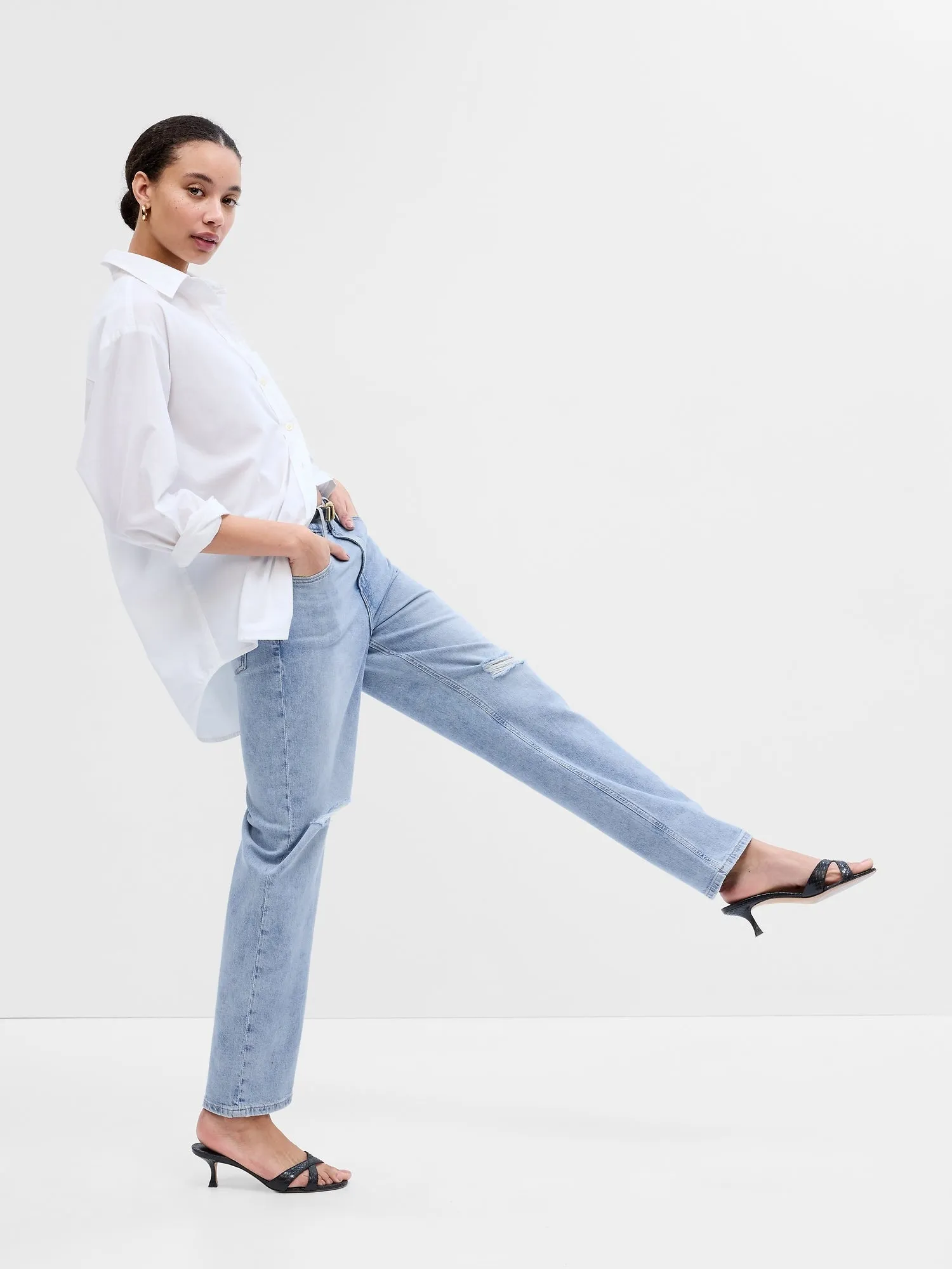 High Rise Destructed '90s Loose Jeans with Washwell