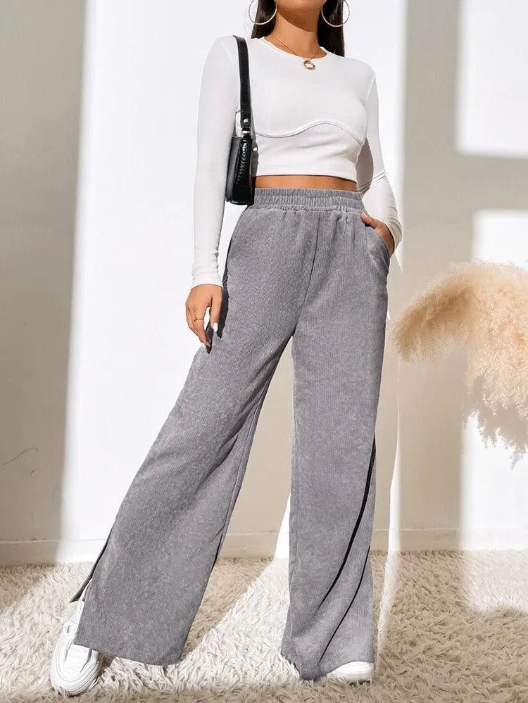 High Waist Solid Corduroy Splice Slit Bottom Pants