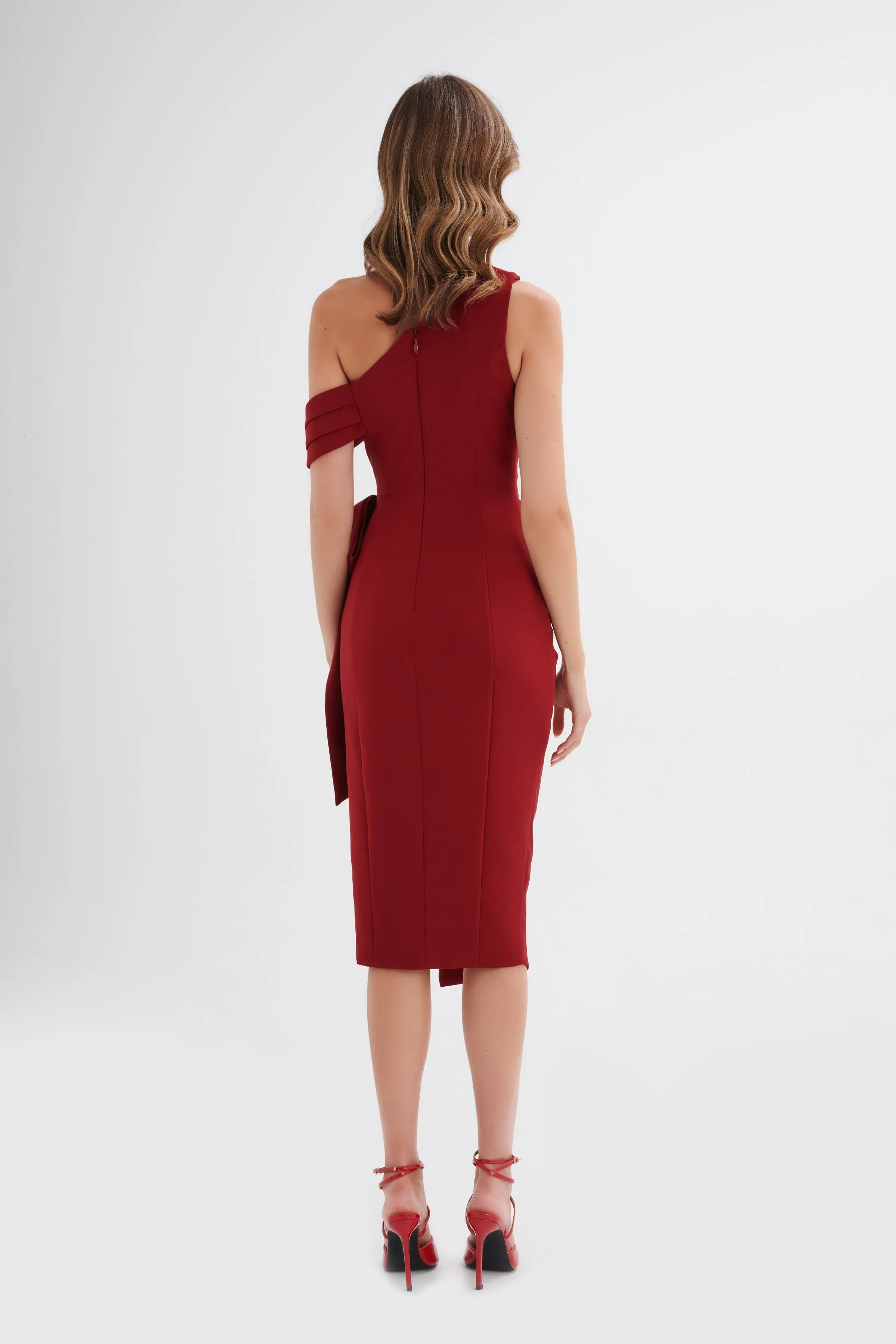 HONEY Asymmetric Pleated Bow Midi Dress in Burgundy