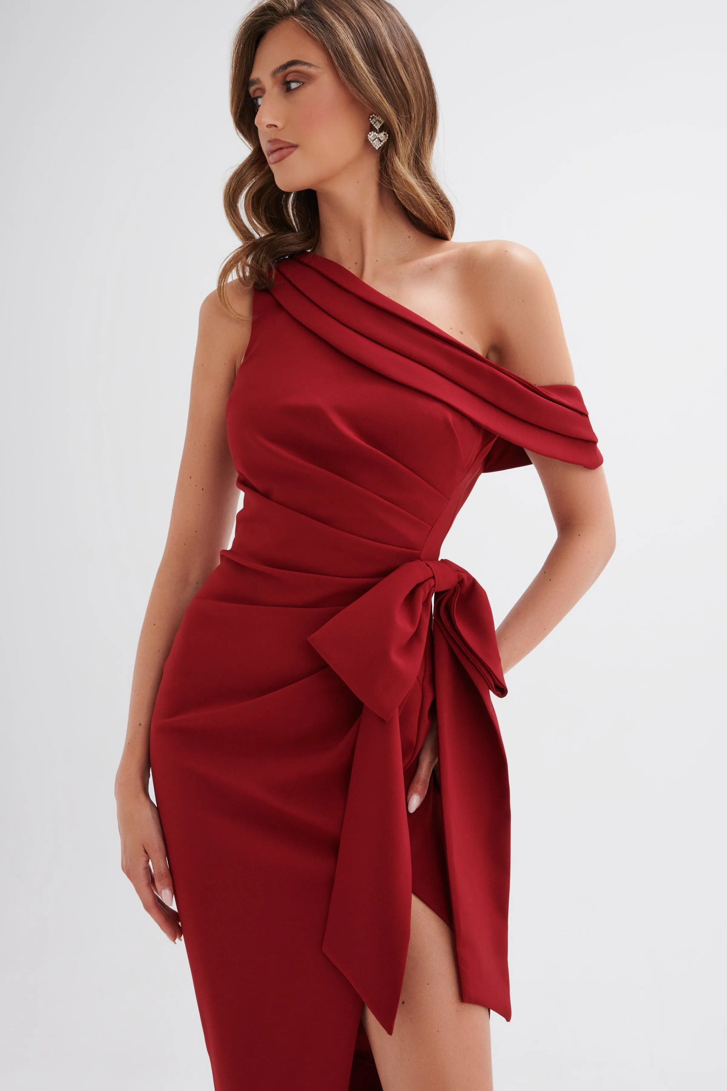 HONEY Asymmetric Pleated Bow Midi Dress in Burgundy