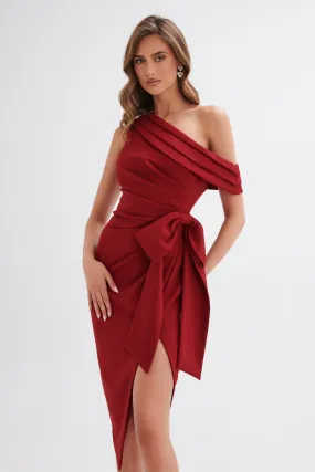 HONEY Asymmetric Pleated Bow Midi Dress in Burgundy