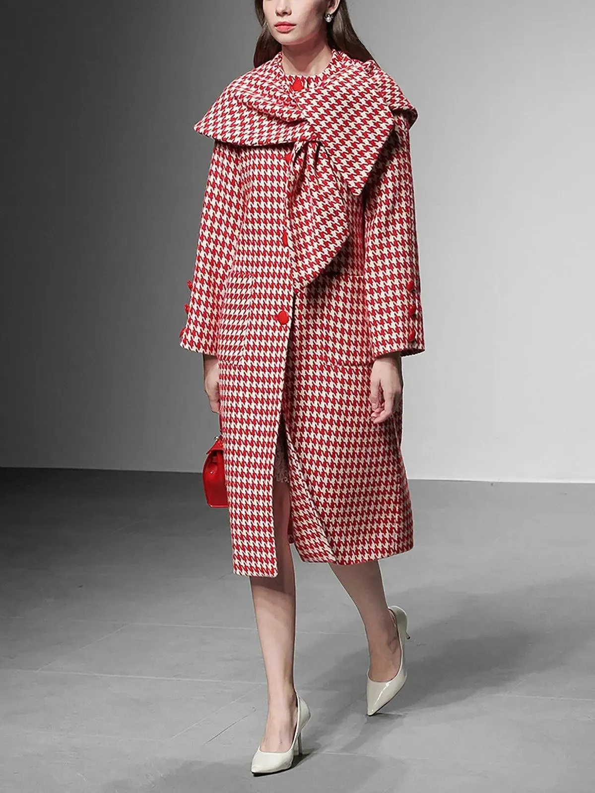 Houndstooth Wool Blend Coat