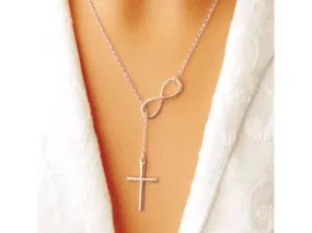 Italian Solid Rose Gold Infinity Cross Lariat Necklace