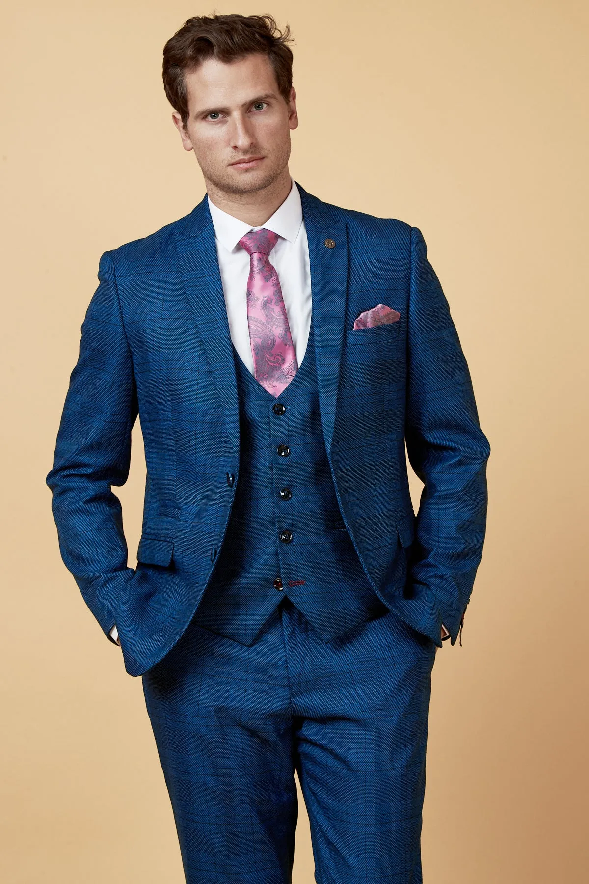 JERRY - Blue Check Suit With Single Breasted Waistcoat