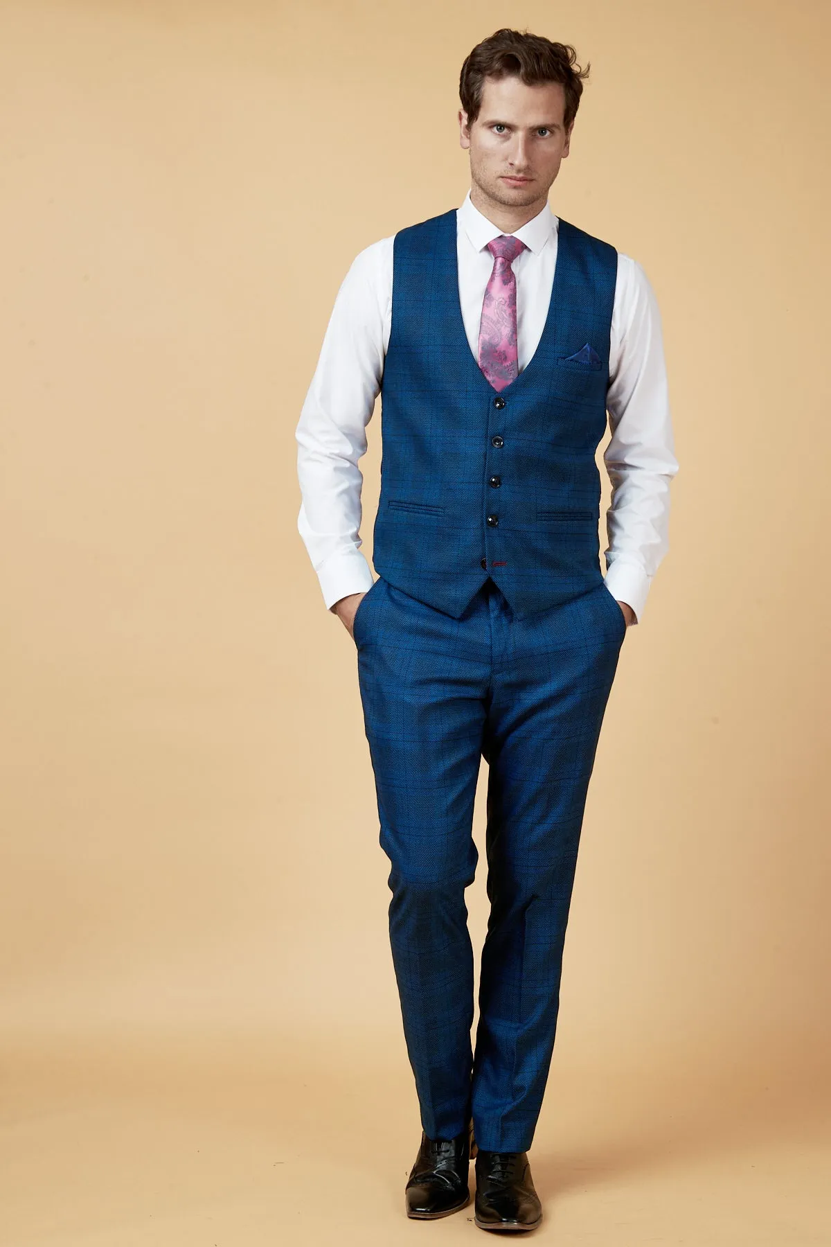 JERRY - Blue Check Suit With Single Breasted Waistcoat