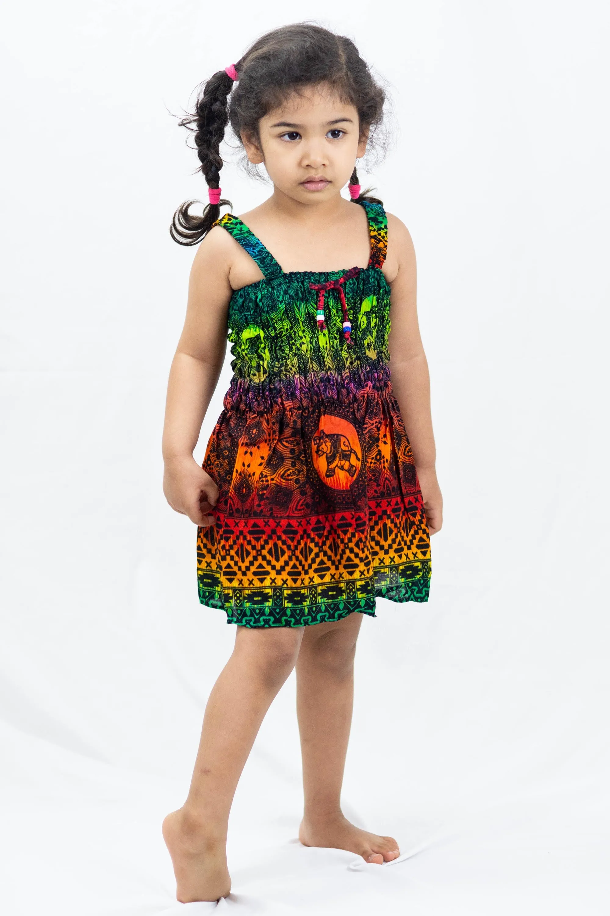 Kids Rainbow Elephant Smock Dress in Orange