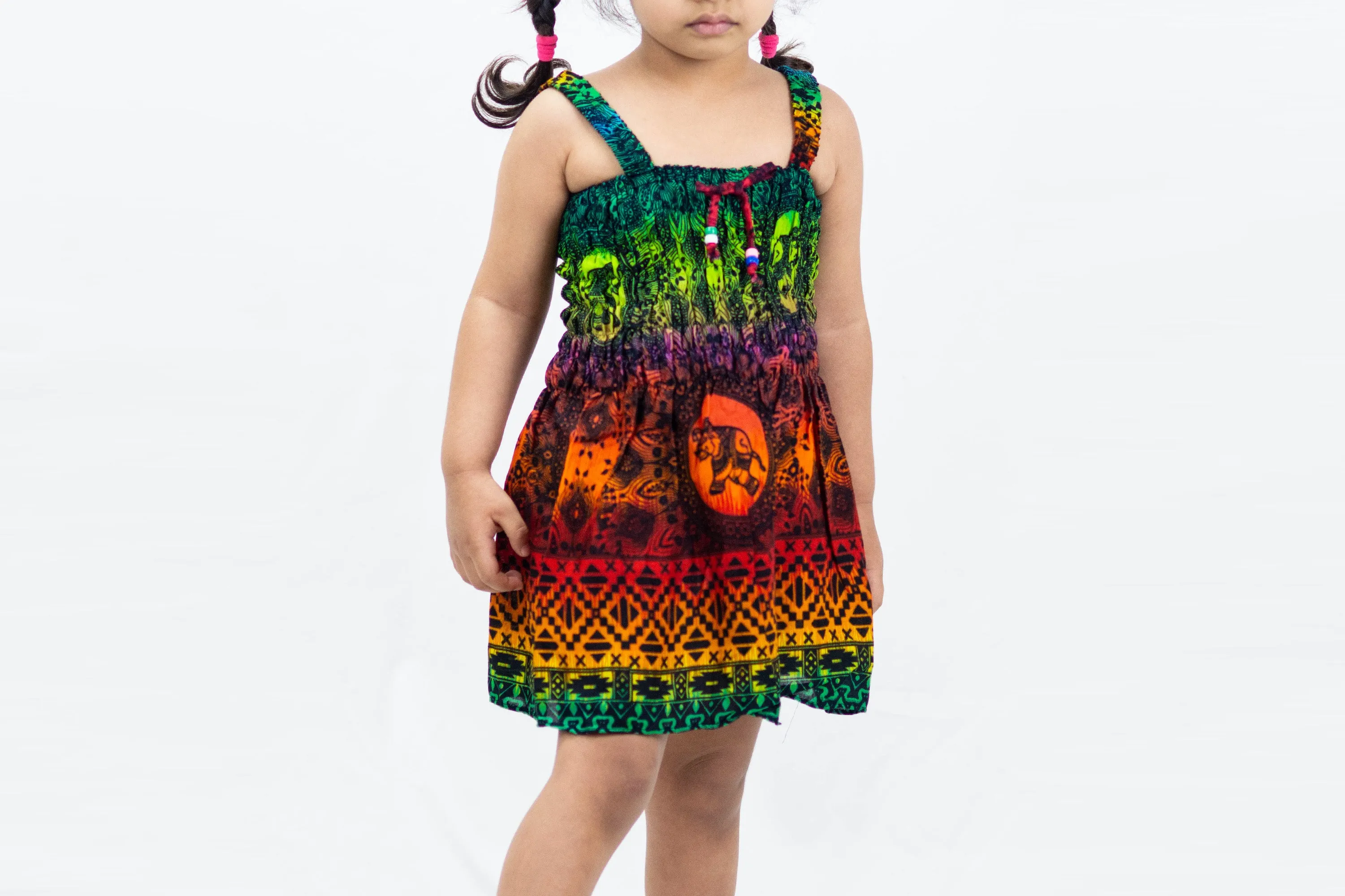 Kids Rainbow Elephant Smock Dress in Orange