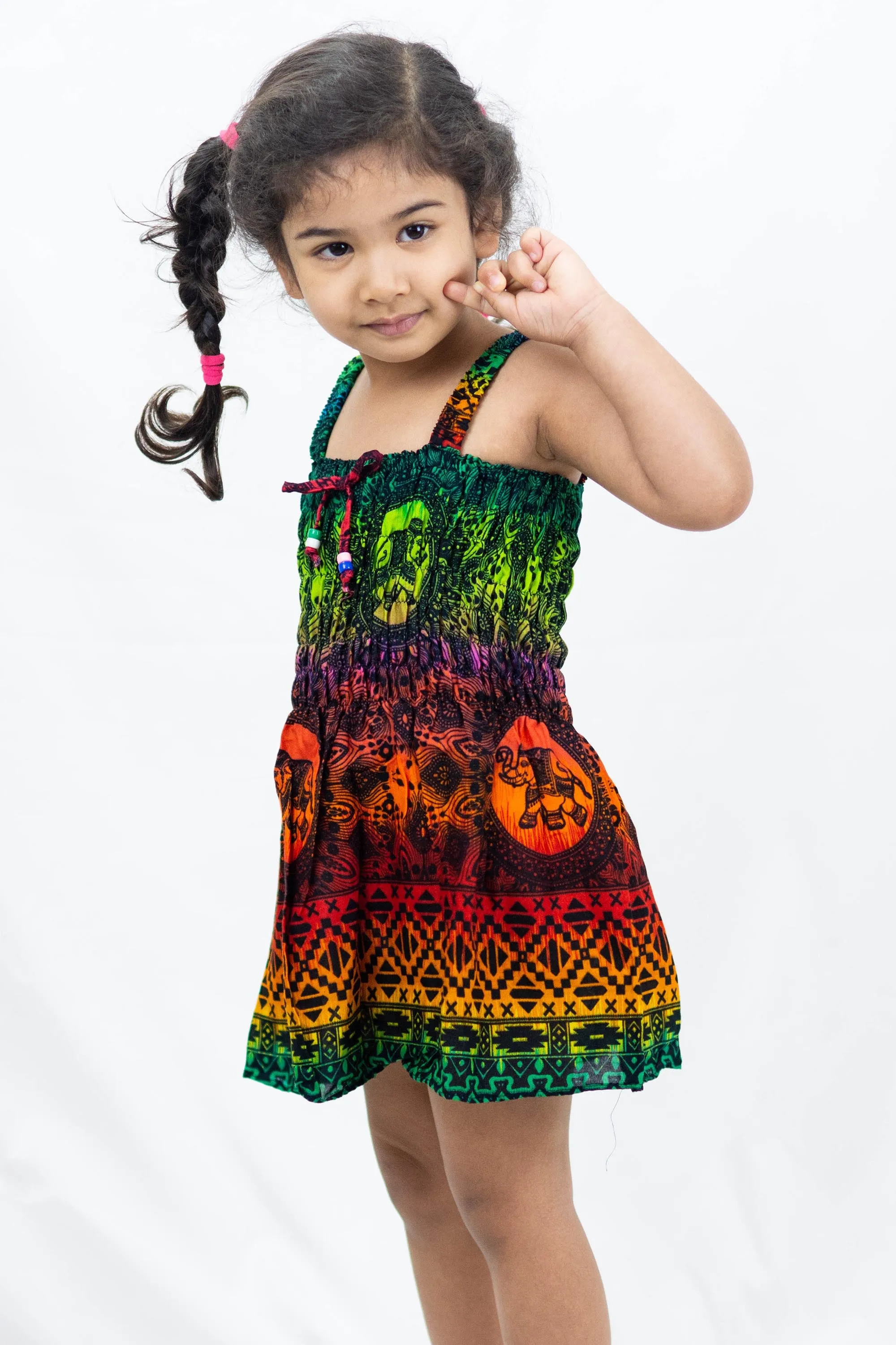 Kids Rainbow Elephant Smock Dress in Orange