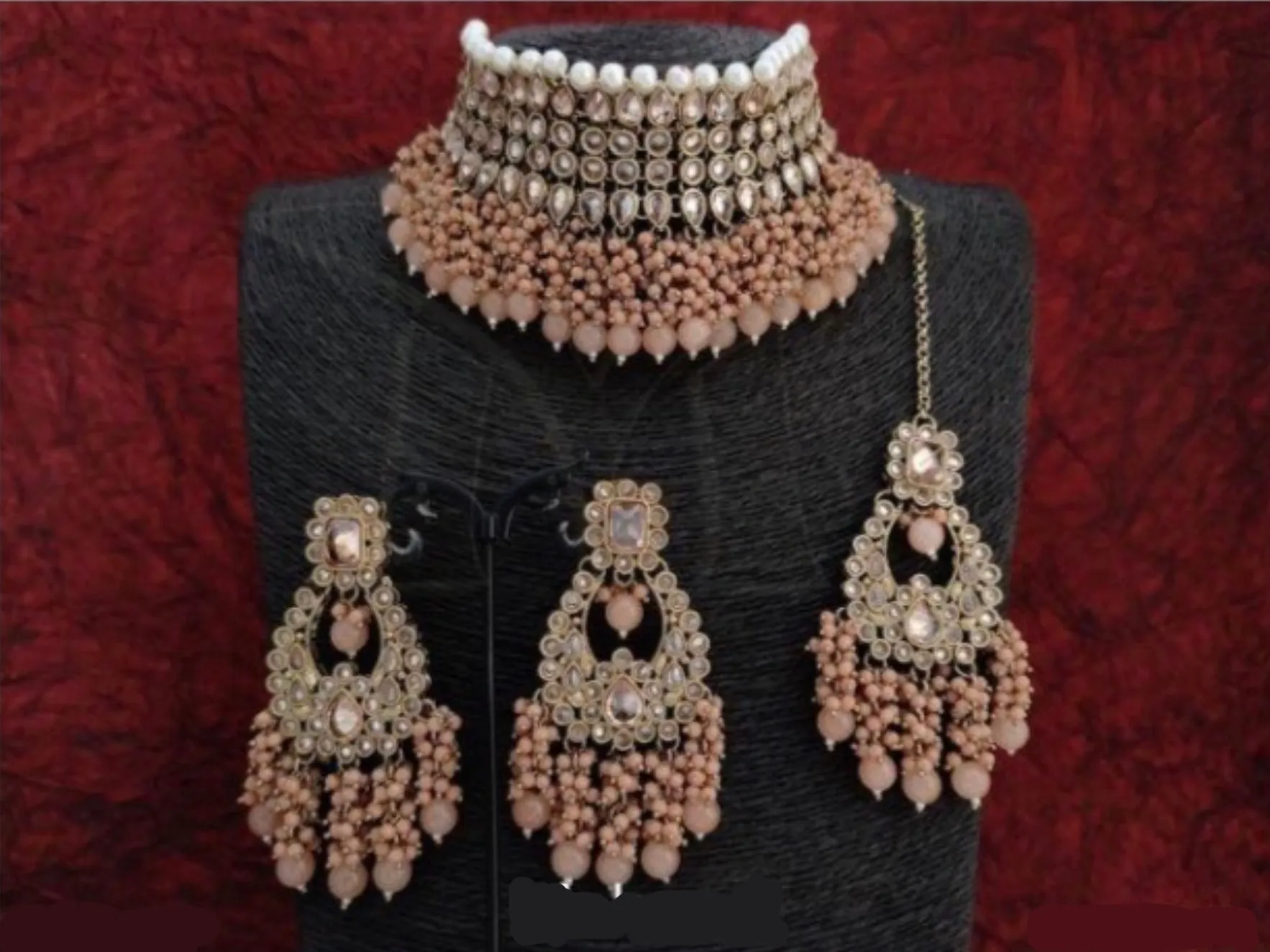 Light Pink Choker Necklace & Earring Set with Maang Tika