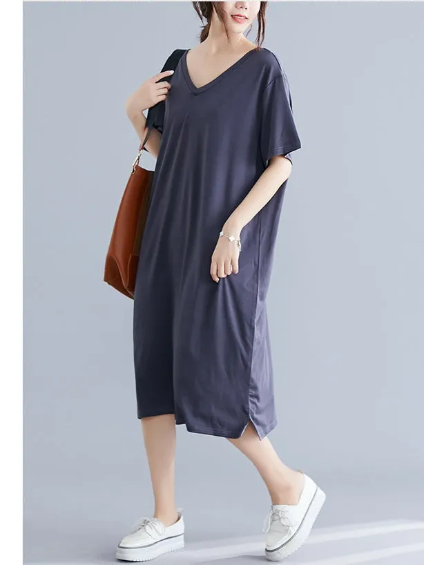 Lola V Neck Knit S/S Tee Shirt Dress (Grey, Black) (EXTRA BIG SIZE)