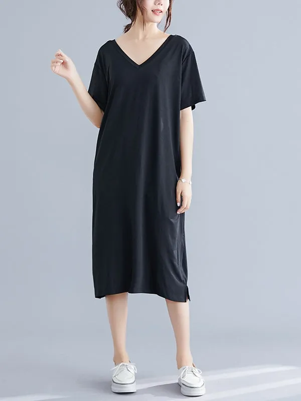 Lola V Neck Knit S/S Tee Shirt Dress (Grey, Black) (EXTRA BIG SIZE)