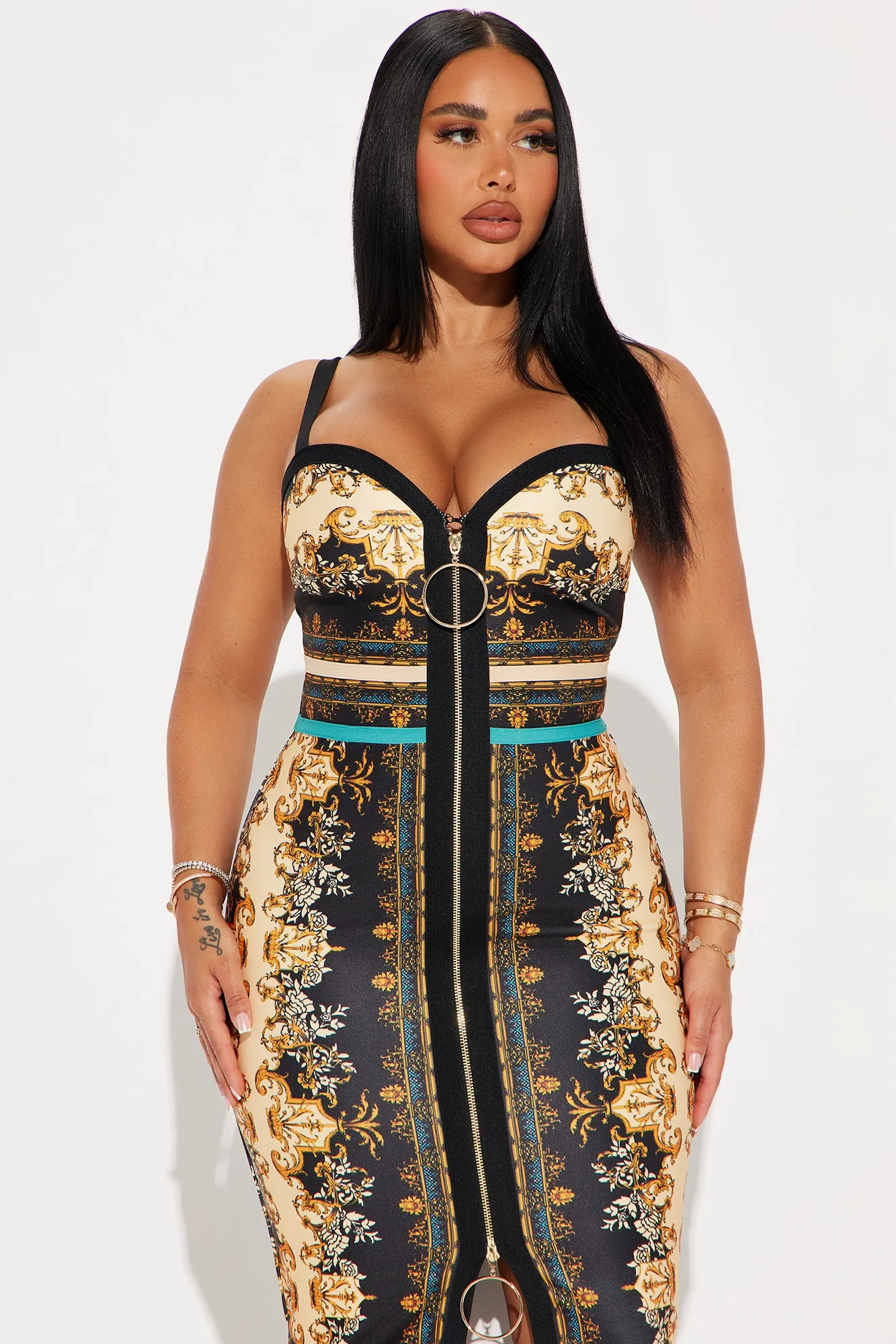 Luxe Life Bandage Midi Dress - Gold/combo