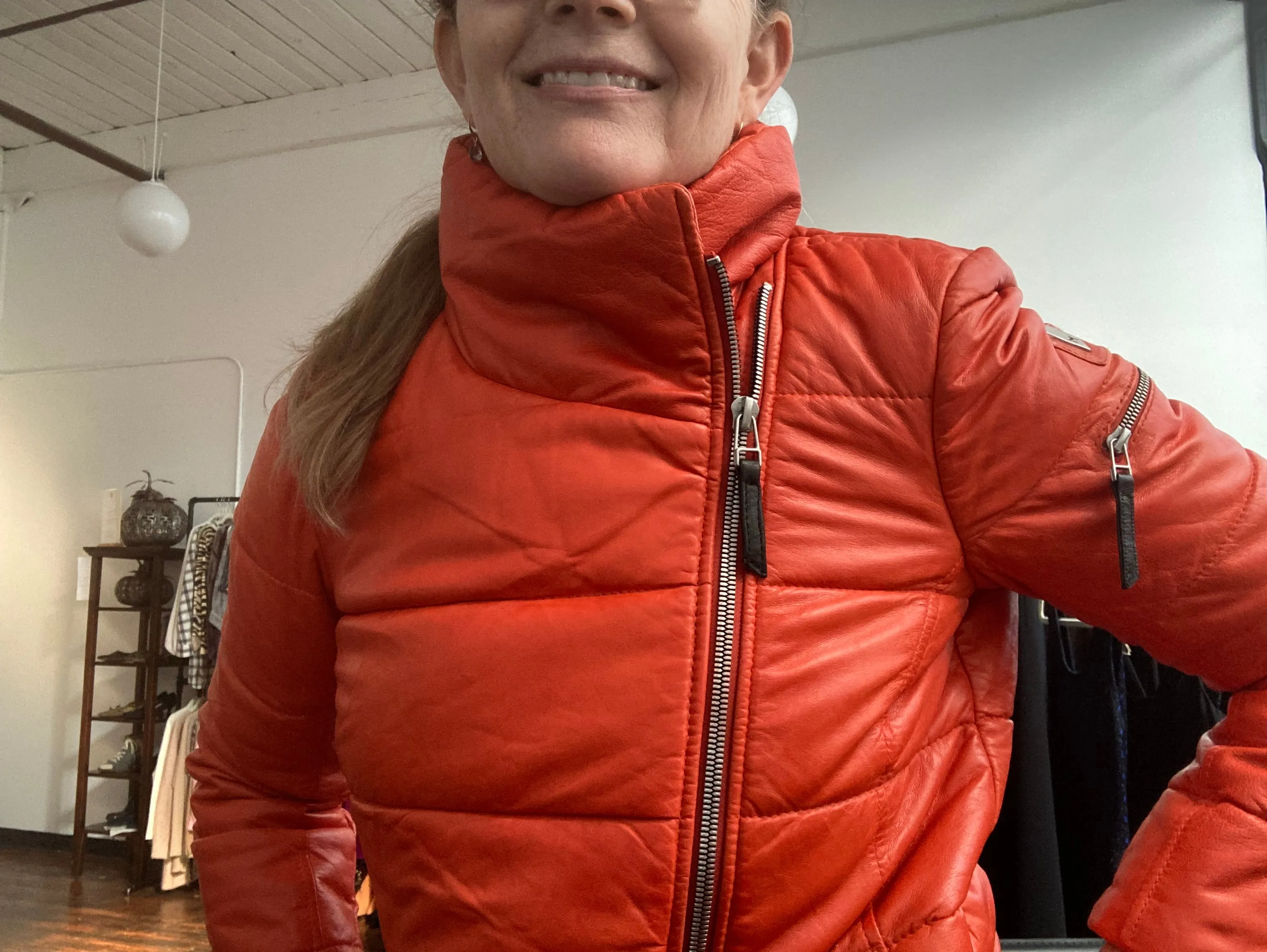 Mauritius Orange Leather Puffer Jacket, 8