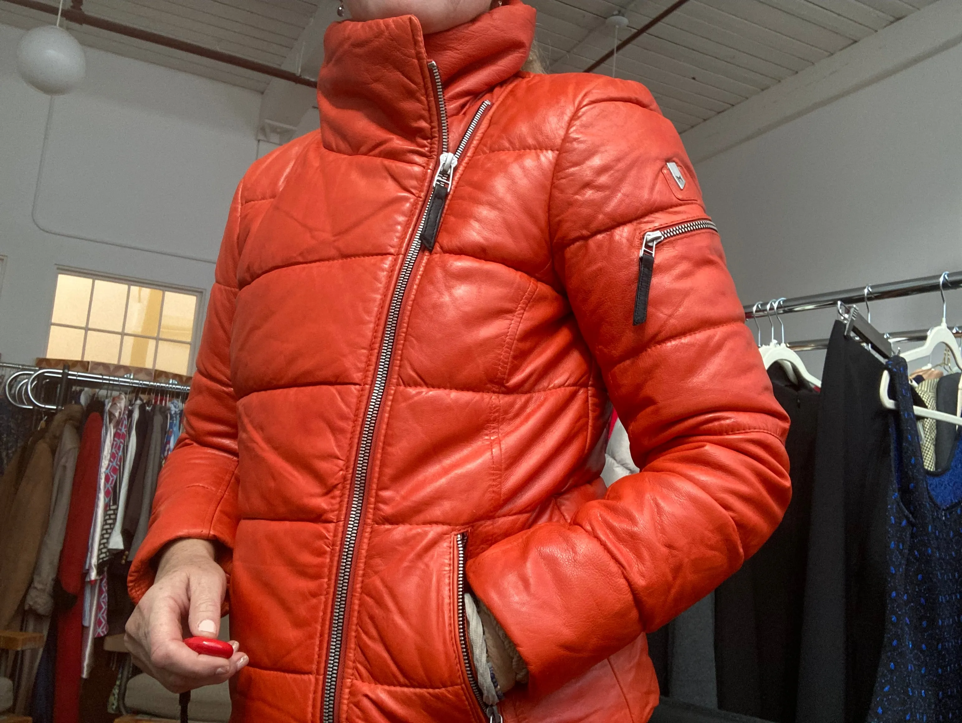 Mauritius Orange Leather Puffer Jacket, 8