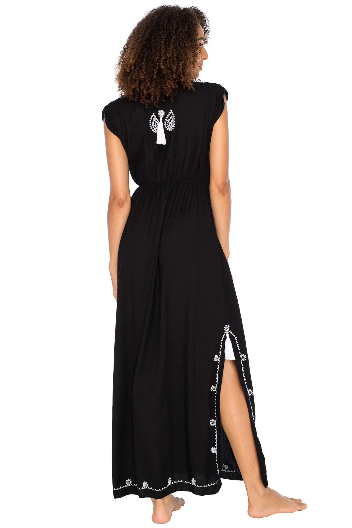 Maxi Boho Embroidered Sleeveless Deep V Neck Dress