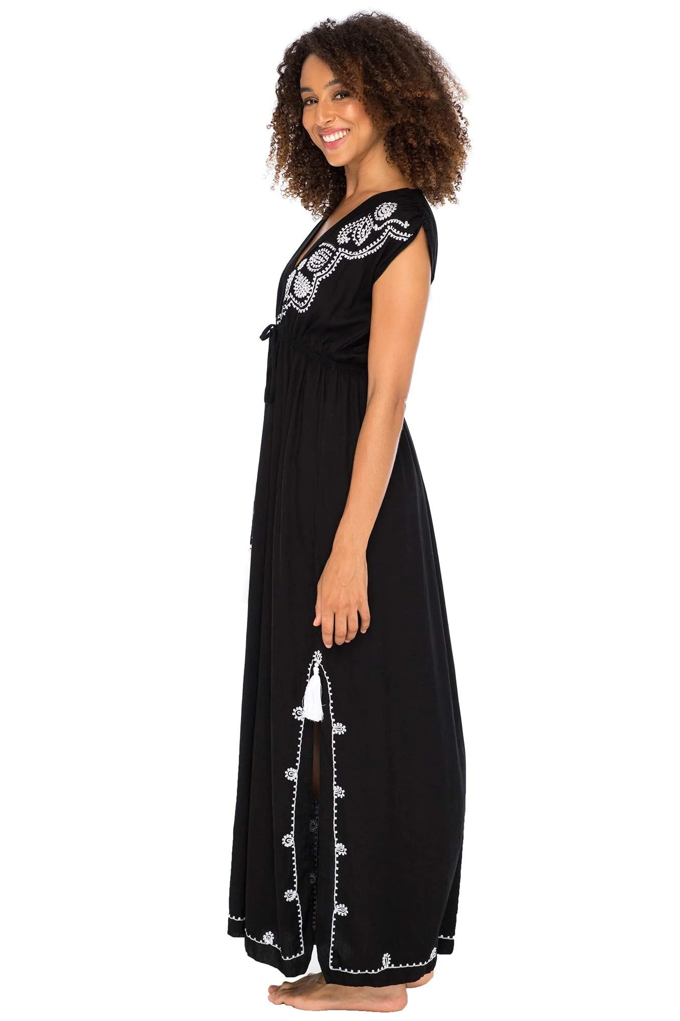 Maxi Boho Embroidered Sleeveless Deep V Neck Dress