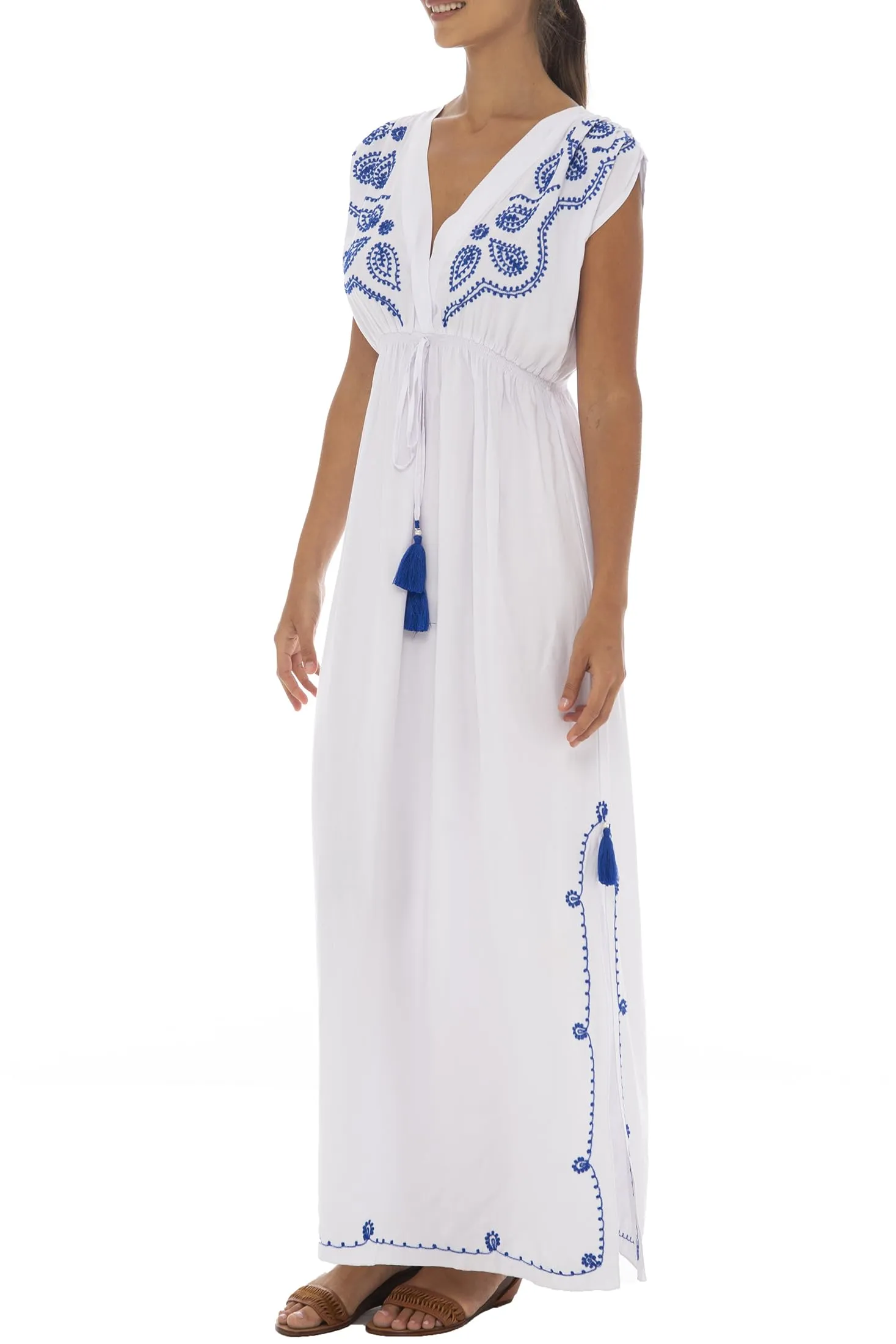 Maxi Boho Embroidered Sleeveless Deep V Neck Dress