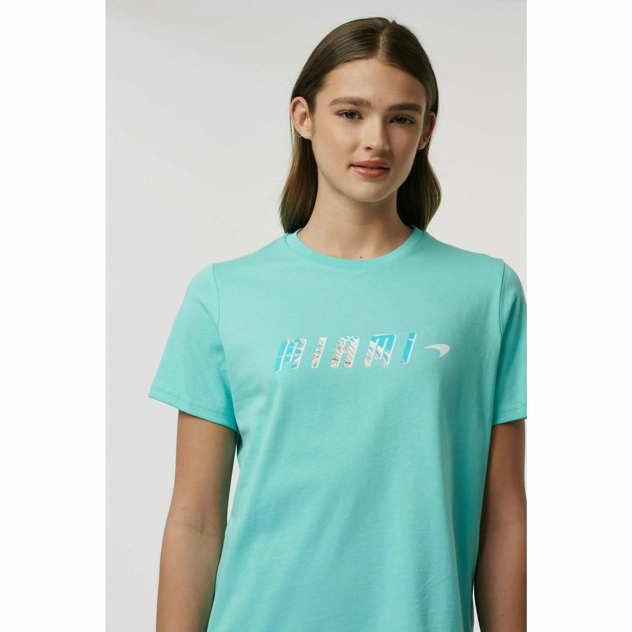 McLaren F1 Women's Miami Palm Graphic T-Shirt-Crystal Rose/Aqua Sky