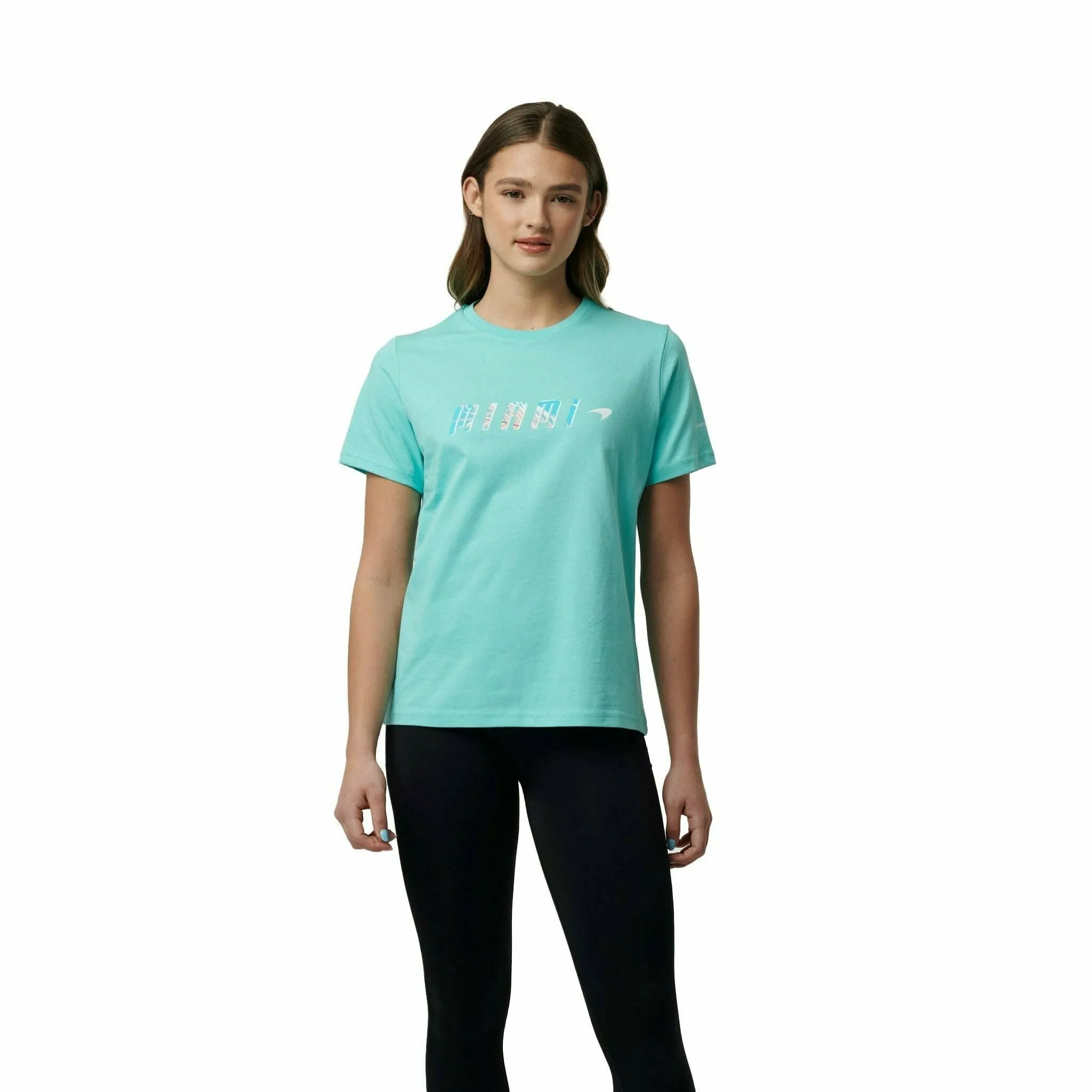 McLaren F1 Women's Miami Palm Graphic T-Shirt-Crystal Rose/Aqua Sky