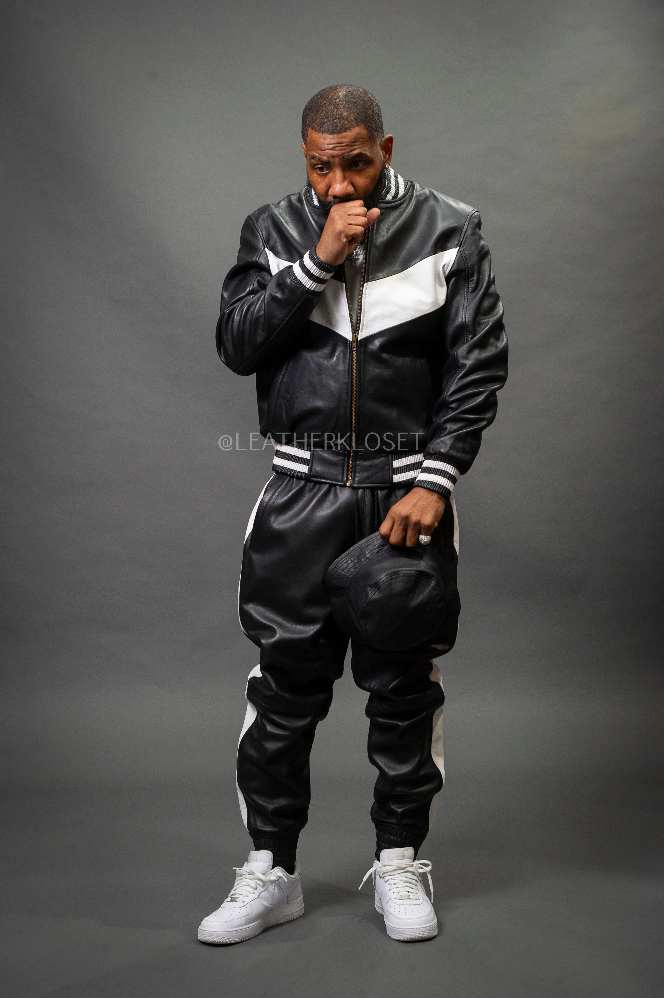 Men's V-Baseball Leather Track Suit Sweatsuit [Black/White]