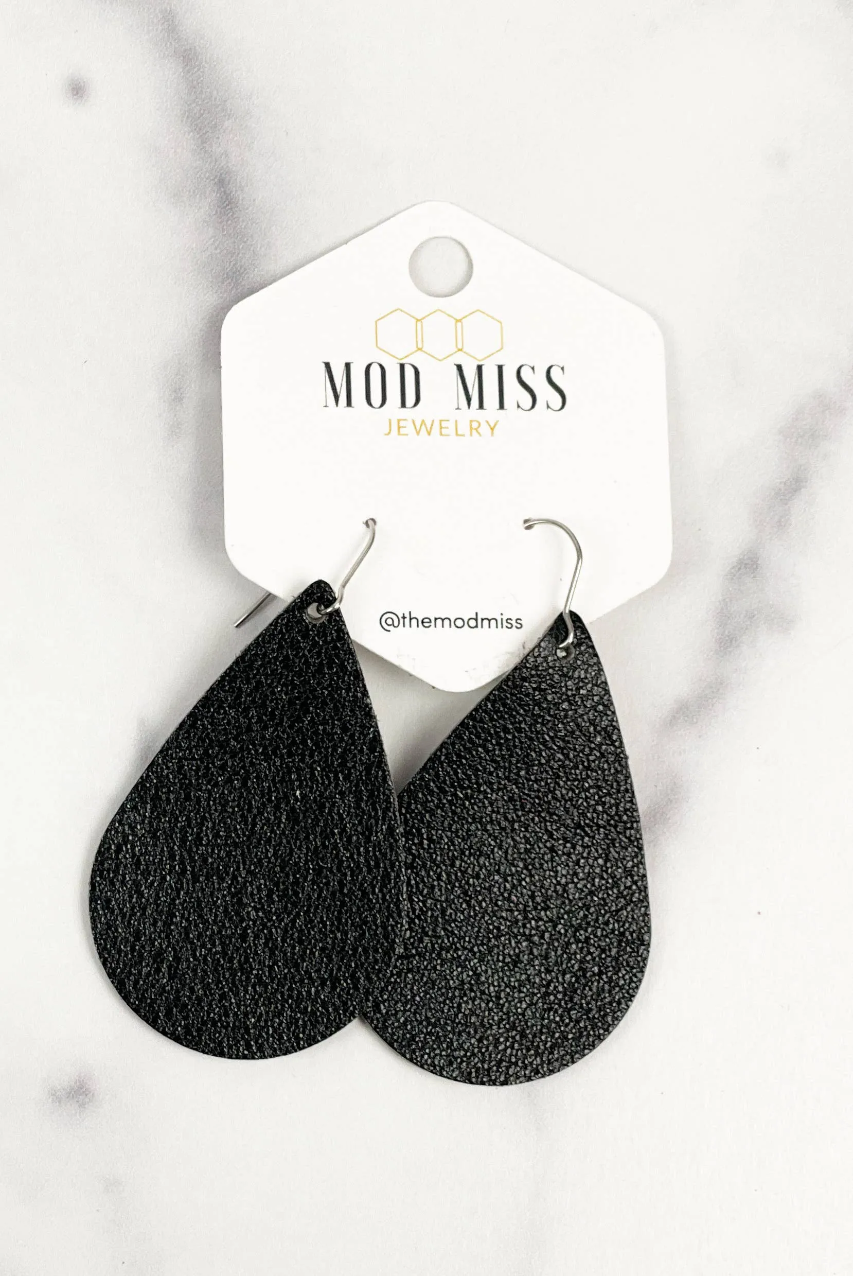 Metallic Black Leather Teardrop Earrings